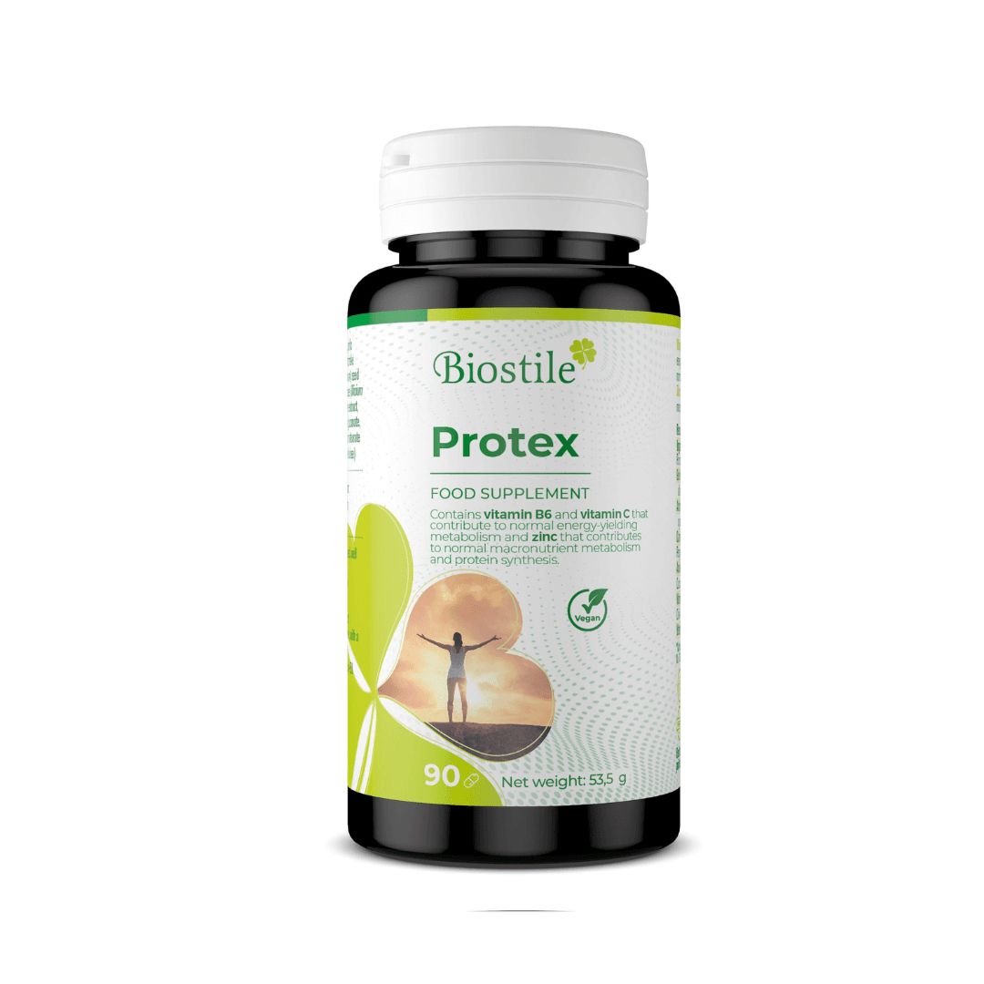 Dunkle Flasche mit weißem Deckel. Aufschrift: Biostile Protex. Enthält Vitamin B6, C und Zink. 90 Kapseln. Vegan.
