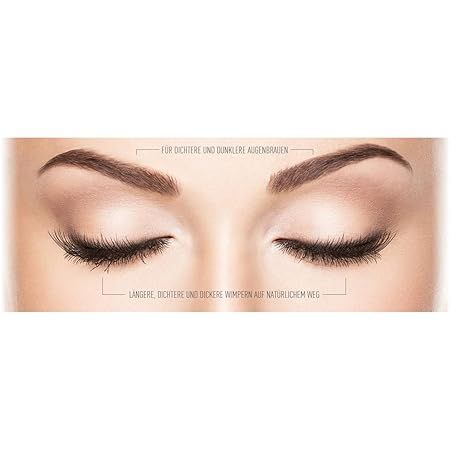 Nahaufnahme von geschlossenen Augen mit Wimpern und Augenbrauen. Text: Für dichtere und dunklere Augenbrauen. Längere, dichtere Wimpern.