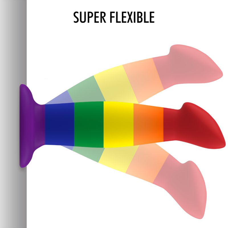 Regenbogenfarbiger Dildo, flexibel gebogen. Aufschrift: SUPER FLEXIBLE.
