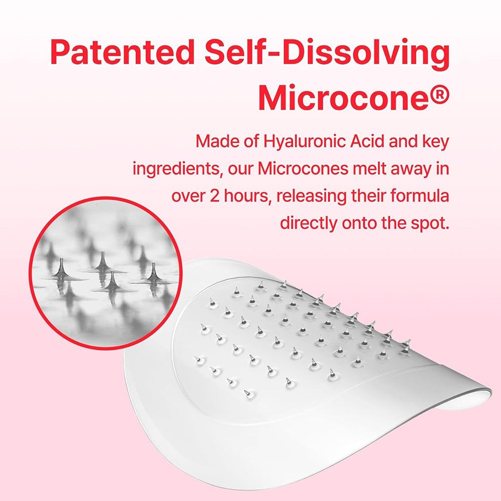 Nahaufnahme eines weißen Patches mit Mikrokegeln. Text: Patented Self-Dissolving Microcone®. Hergestellt aus Hyaluronsäure und Inhaltsstoffen.