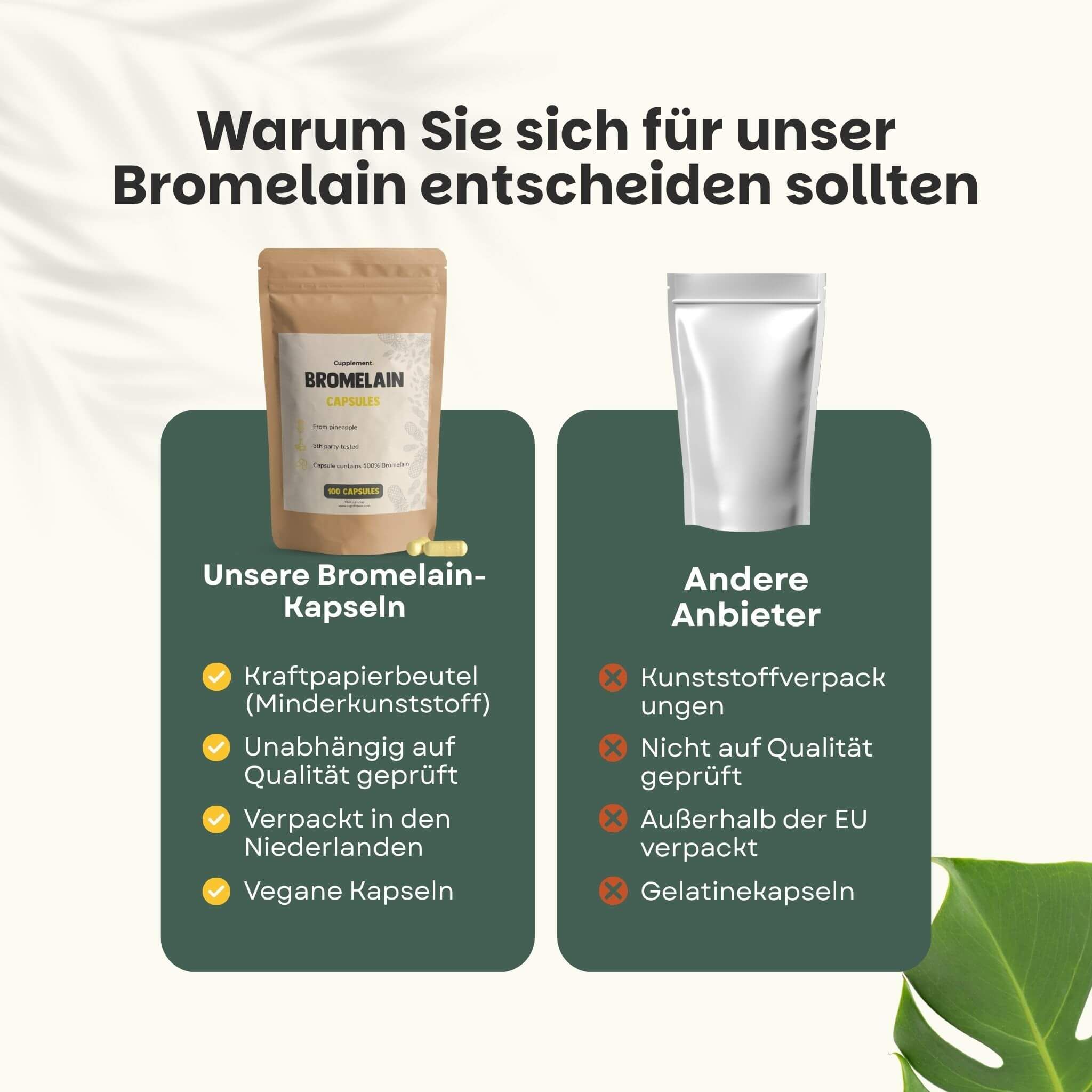 Vergleich von Bromelain-Kapseln und anderen Anbietern. Text: Kraftpapierbeutel, vegane Kapseln. Andere: Plastikverpackung.