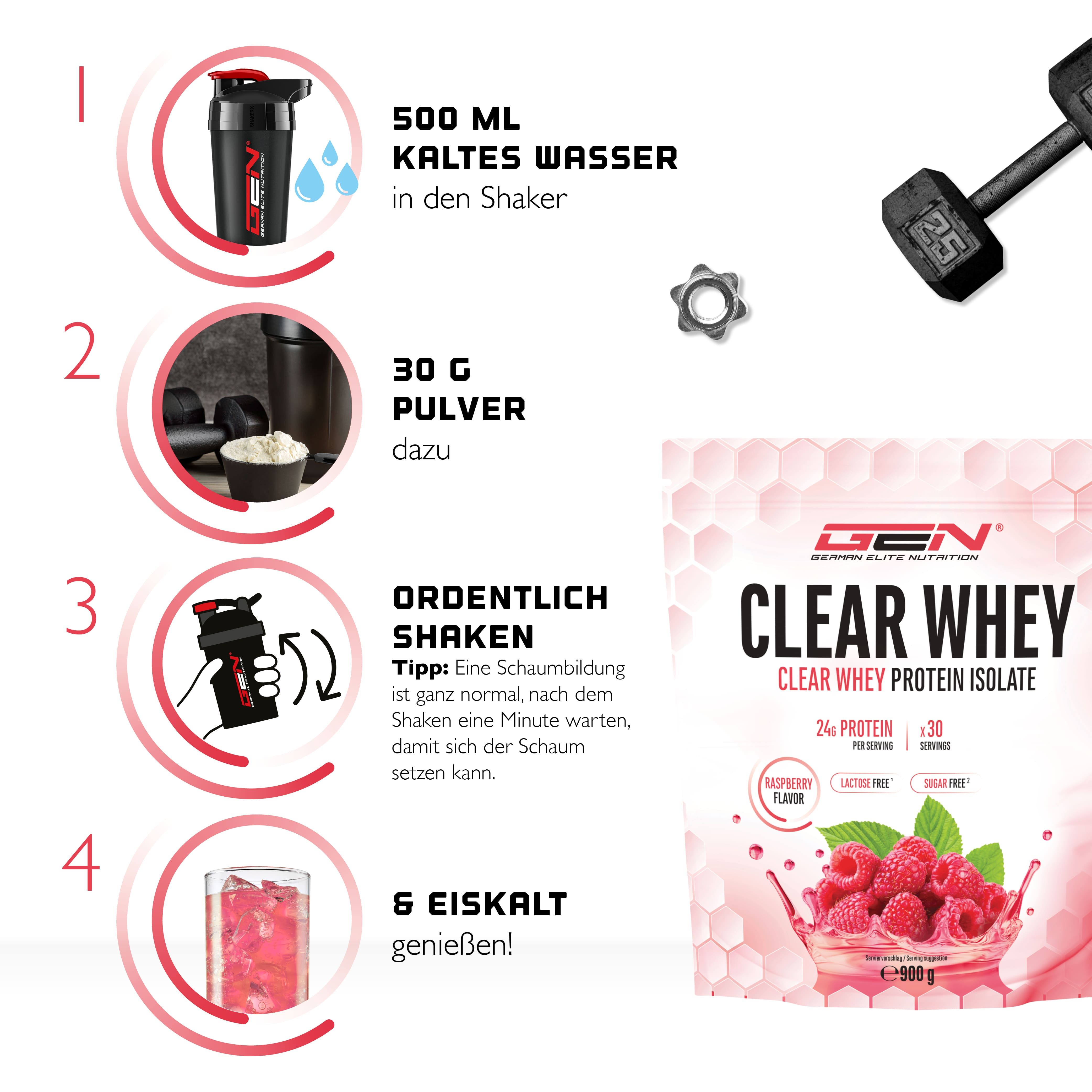 Anleitung zur Zubereitung von Clear Whey. 1. 500 ml kaltes Wasser in den Shaker. 2. 30 g Pulver dazu. 3. Ordentlich shaken. 4. Eiskalt genießen!