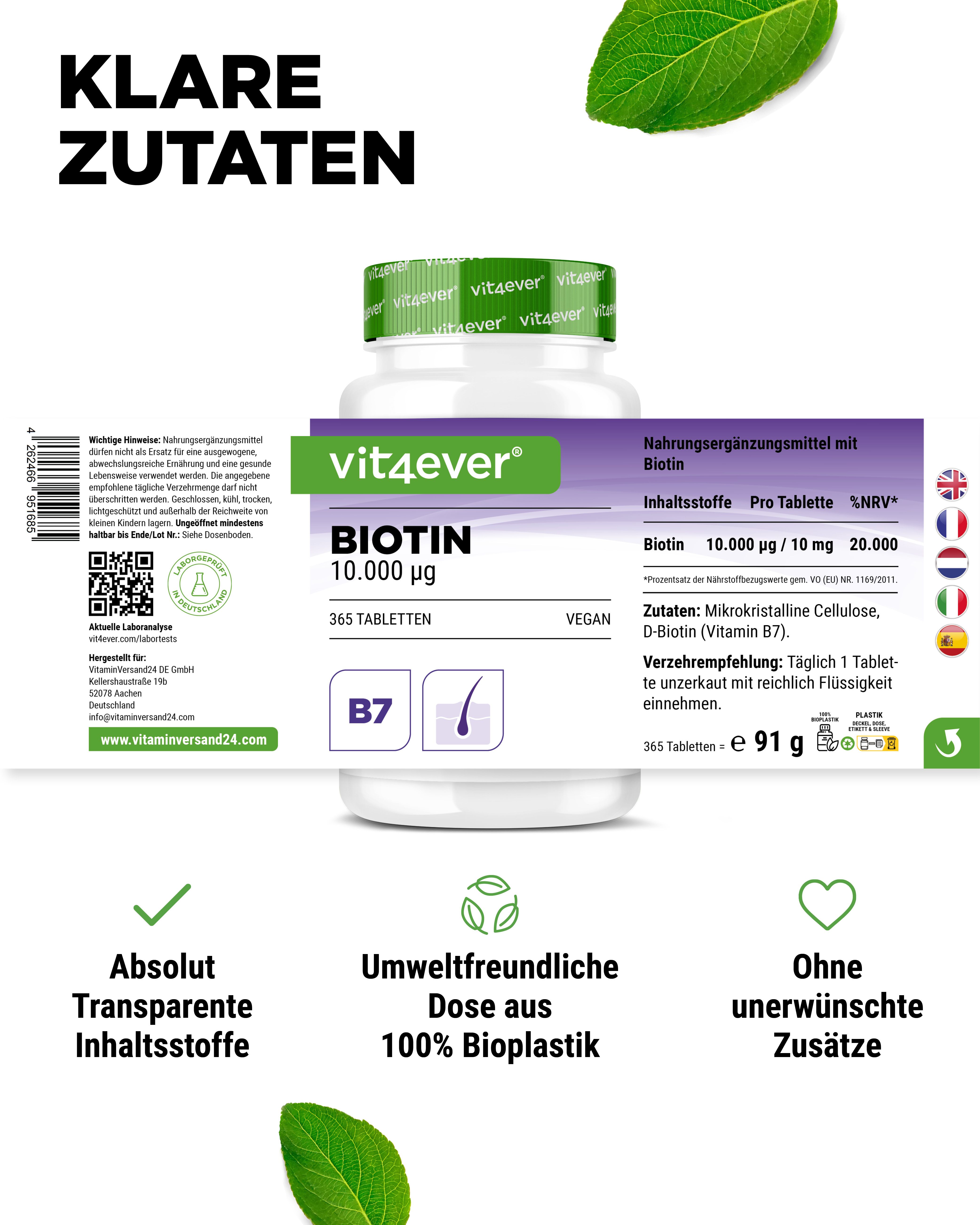 Weißes Tabletten-Glas mit grünem Deckel. Aufschrift: vit4ever Biotin 10.000 mcg, 365 Tabletten. Vegan. Mit Etikett und QR-Code.