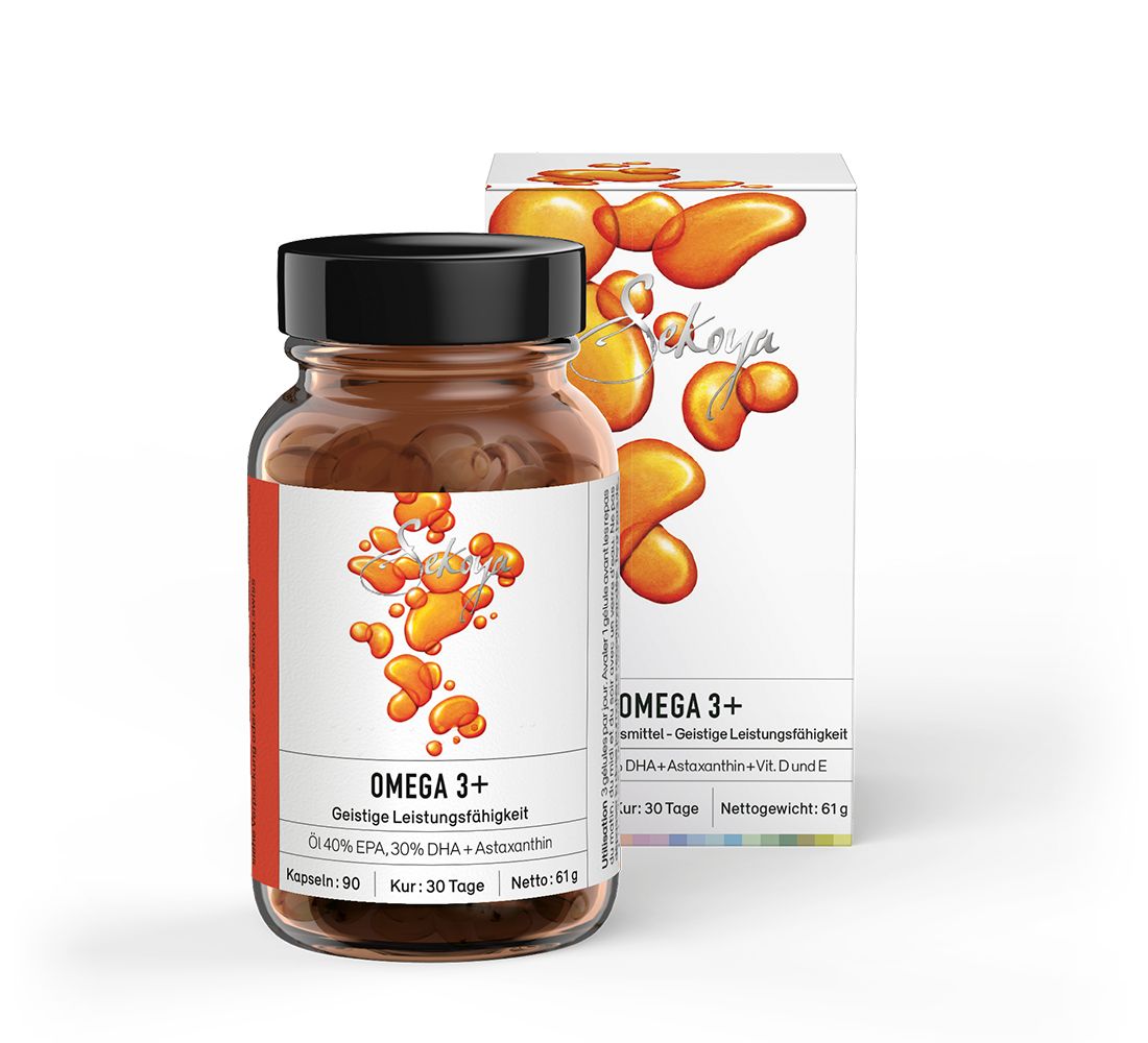 Braune Glasflasche und Schachtel mit Sekoya Swiss Omega 3+ Kapseln. Aufschrift Omega 3+ und Inhaltsstoffe. Weiße Verpackung mit orangefarbenen Tropfen.