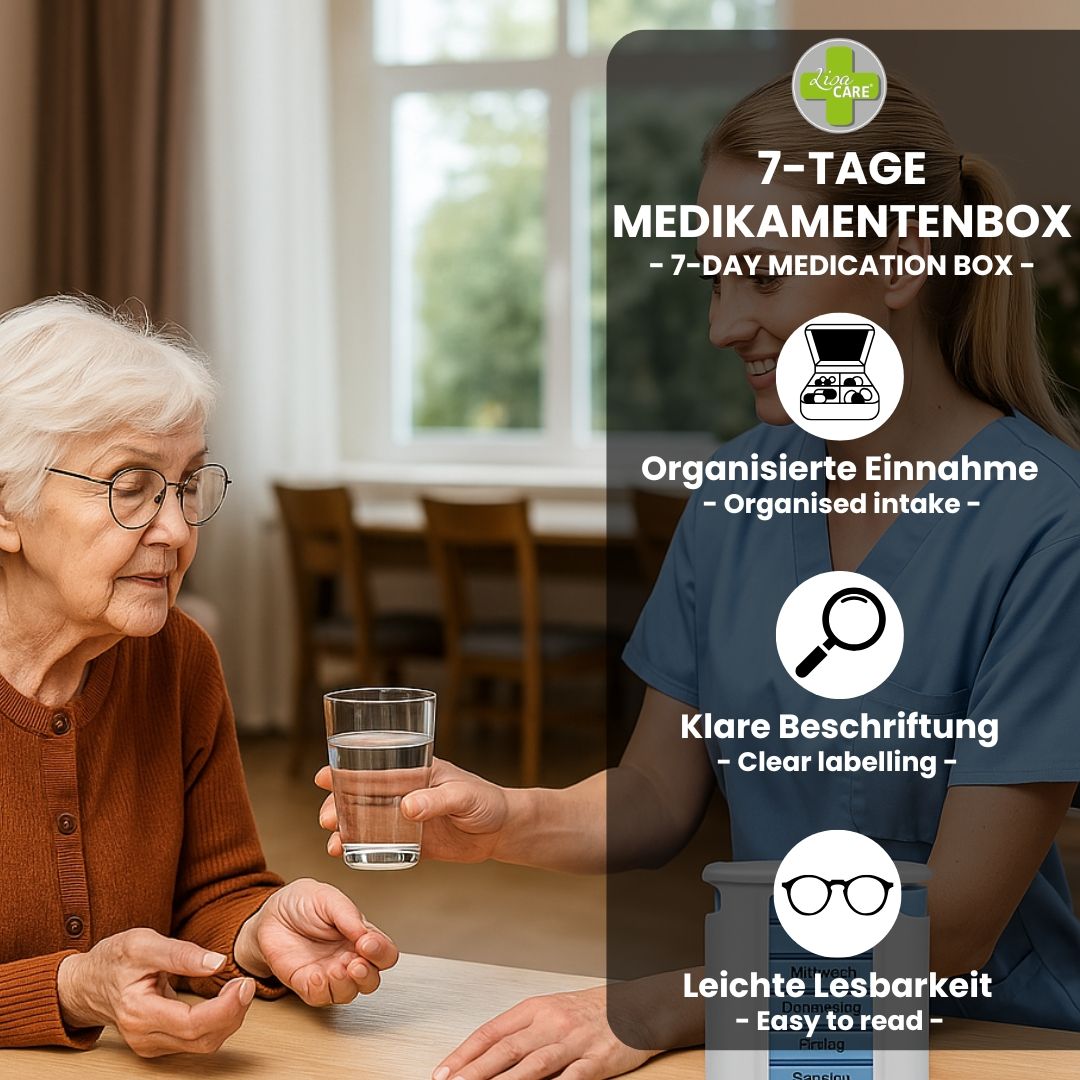 Frau bekommt Tablette und Wasser. Text: 7-Tage Medikamentenbox, organisierte Einnahme, klare Beschriftung, leichte Lesbarkeit.