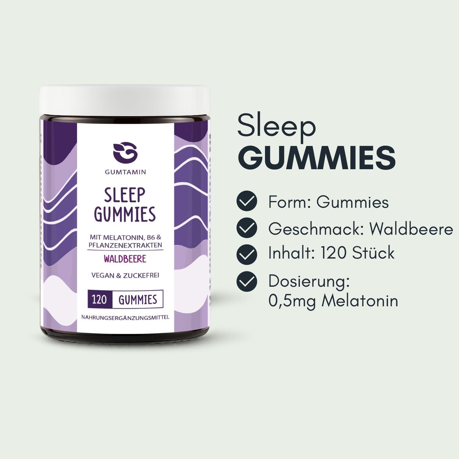 Glas mit Sleep Gummies. Aufschrift: Sleep Gummies, Waldbeere, 120 Gummies. Informationen: Form: Gummies, Geschmack: Waldbeere, Inhalt: 120 Stück, Dosierung: 0,5mg Melatonin.