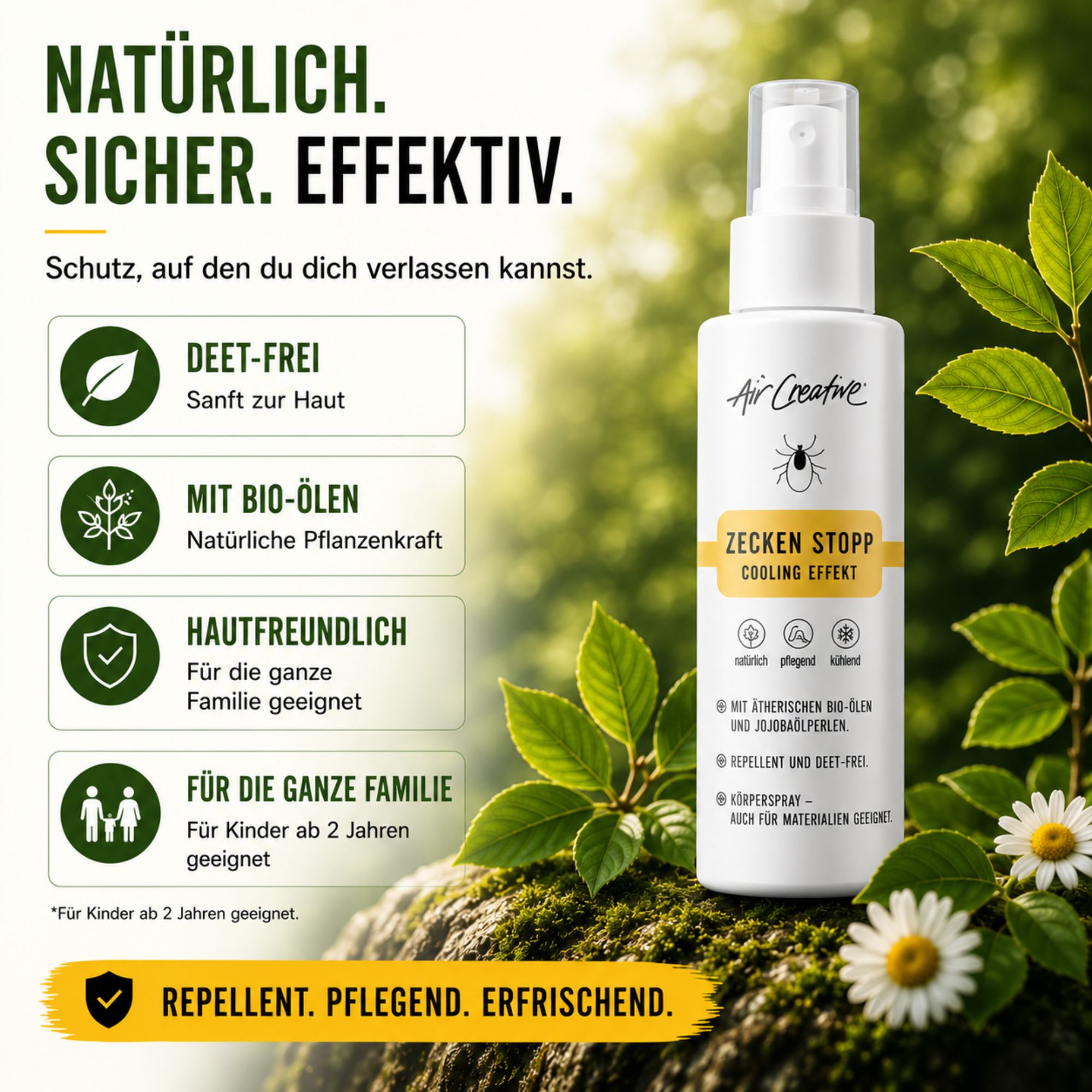 Air Creative Zecken Stopp Spray. DEET-frei, hautfreundlich, für die ganze Familie geeignet. Natürliche Pflanzenkraft.