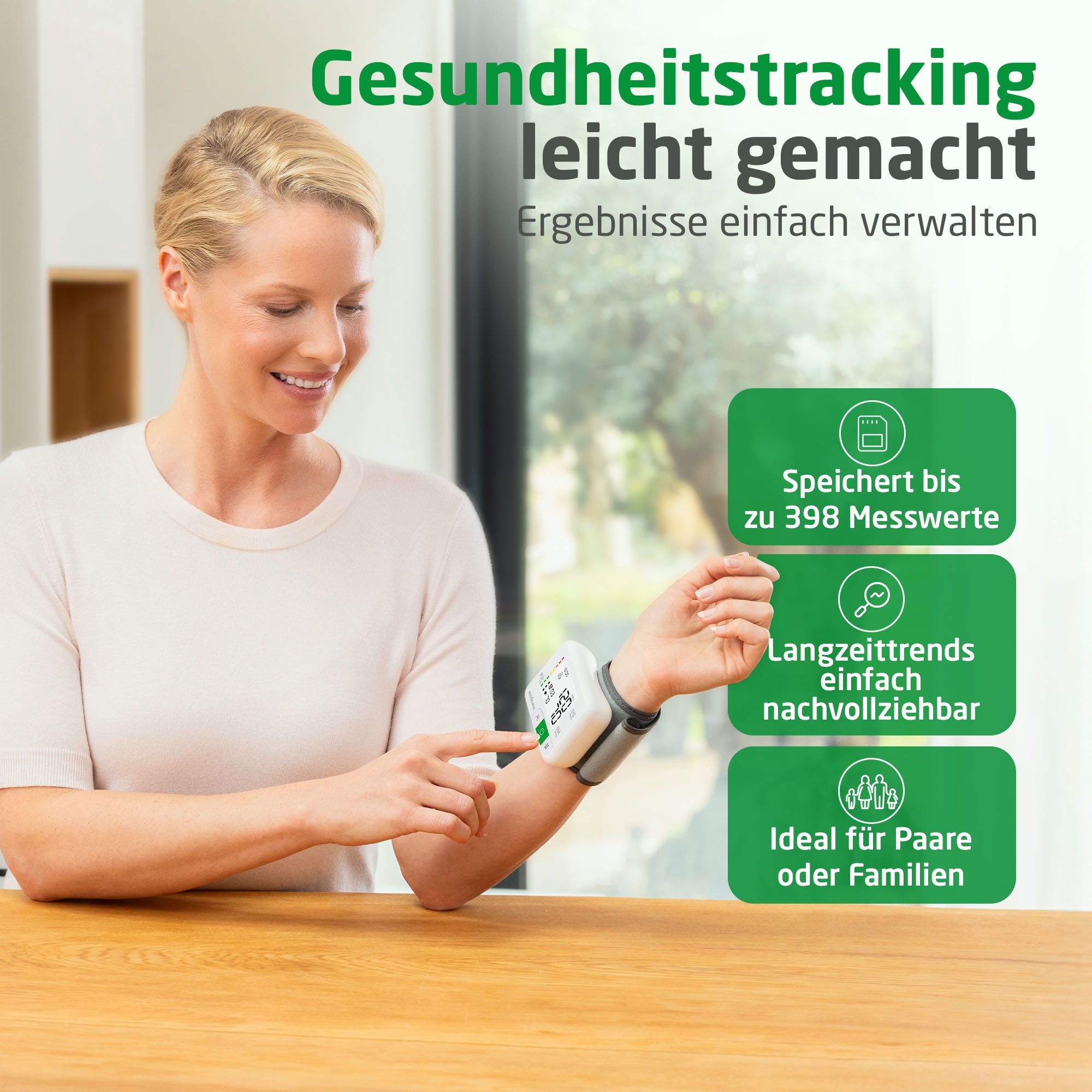 Frau benutzt Handgelenk-Blutdruckmessgerät. Speichert bis zu 398 Messwerte. Langzeittrends nachvollziehbar. Ideal für Paare/Familien.