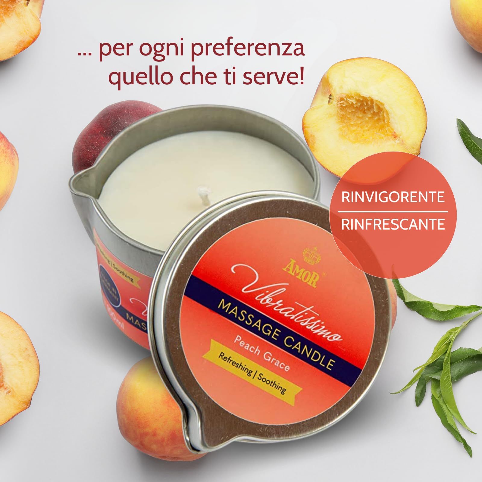 Massagekerze Vibratissimo Peach Grace in Metalldose mit Pfirsichen.