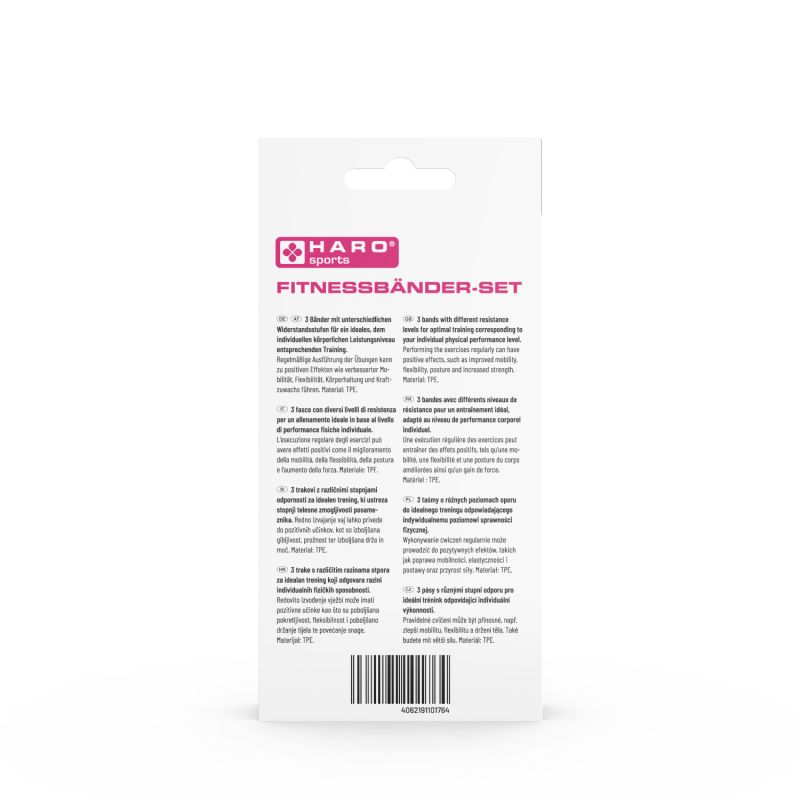 Rückseite der Fitnessbänder-Set-Verpackung. Text in mehreren Sprachen. Haro Sports. 3 Bänder mit unterschiedlichem Widerstand.