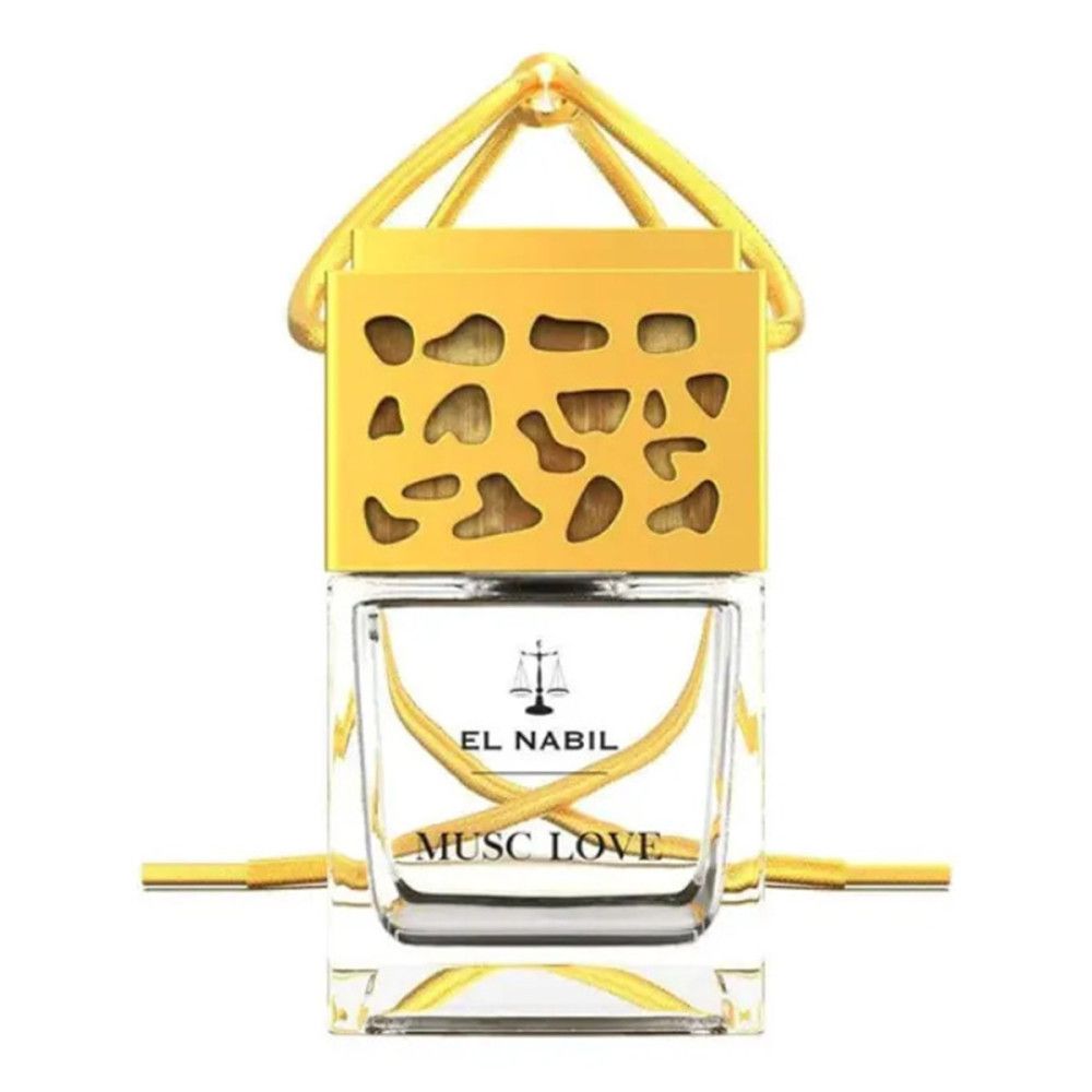 Goldfarbener Duftbehälter mit quadratischem Glasbehälter. Aufschrift: EL NABIL, MUSC LOVE. Mit goldfarbenem Aufhänger.