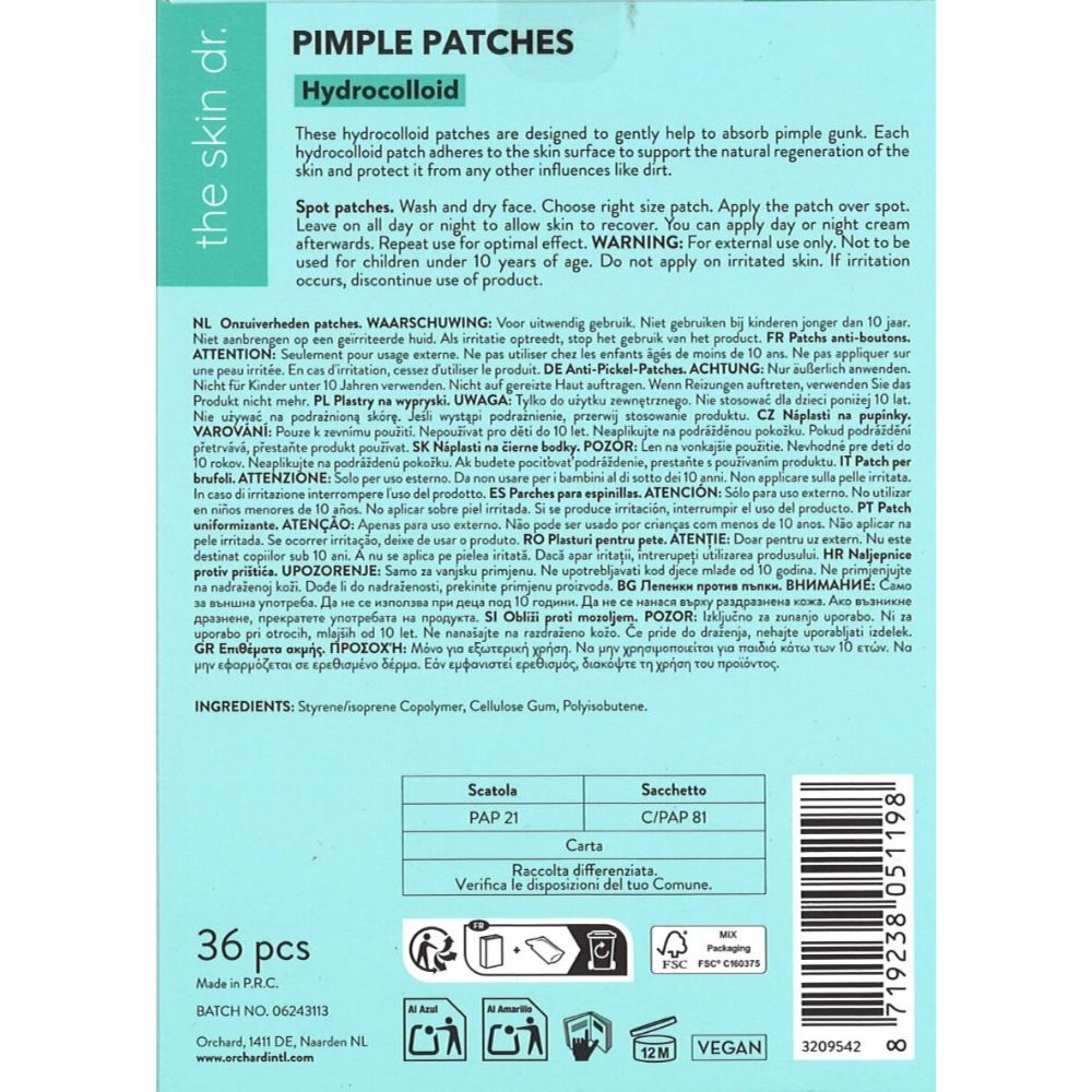 Rückseite der Verpackung mit Produktinformationen und Inhaltsstoffen. Enthält 36 Pflaster. Text: 'the skin dr.'