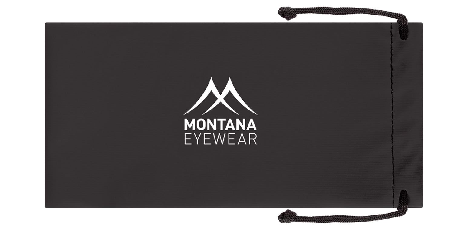 Schwarzes Etui mit weißem Logo: zwei Berge und "MONTANA EYEWEAR".