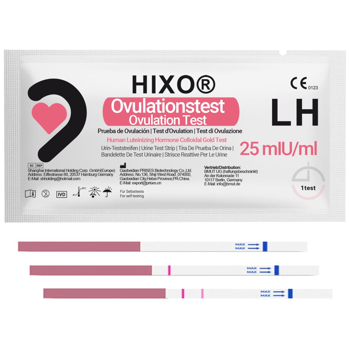 Ovulationstest-Streifen und Verpackung. Aufschrift: HIXO Ovulationstest, LH 25 mIU/ml. CE-Kennzeichnung. Vier Teststreifen mit farbigen Linien.
