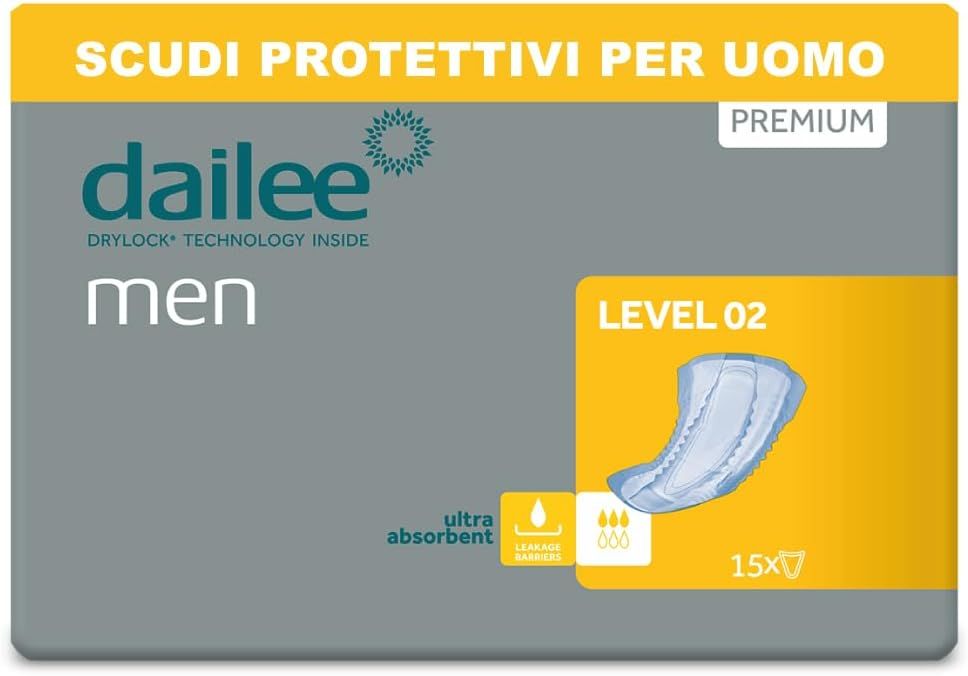 Dailee Men Level 02 Inkontinenzeinlagen. Graue Verpackung mit gelbem Akzent. Produktabbildung.
