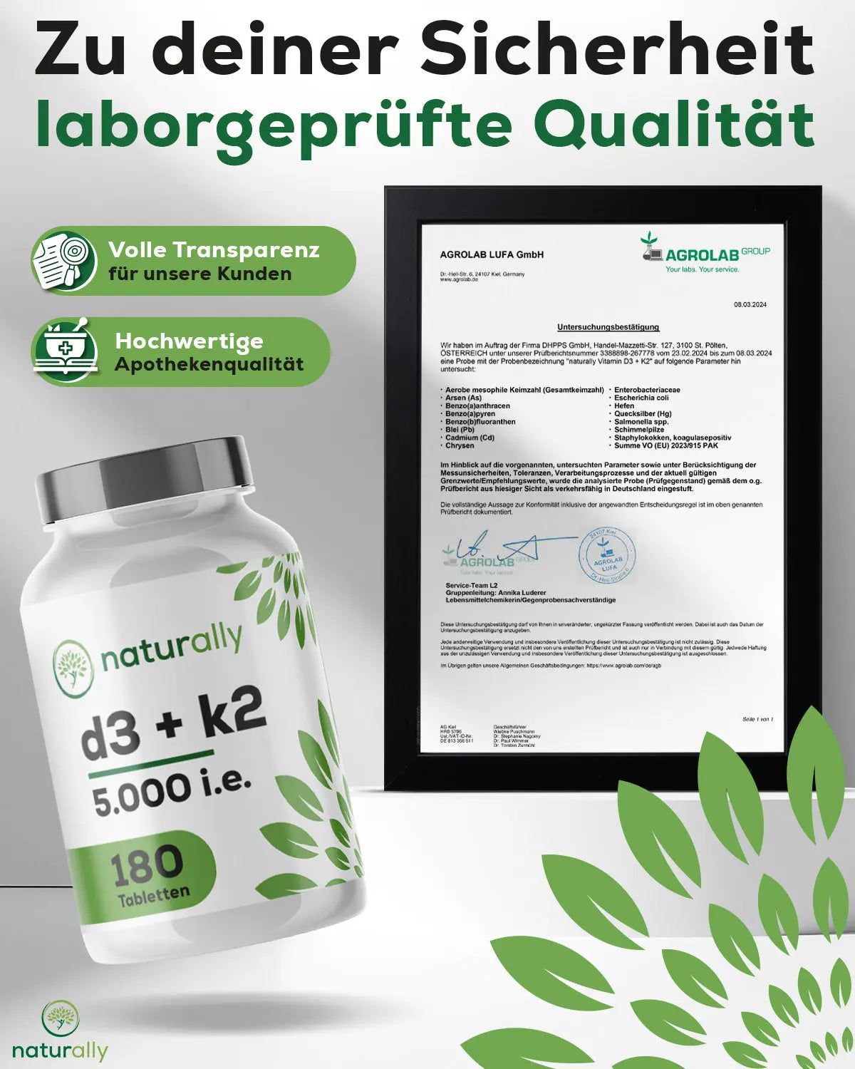 Flasche 'naturally d3 + k2 5.000 i.E. 180 Tabletten' neben einem Zertifikat von AGROLAB.