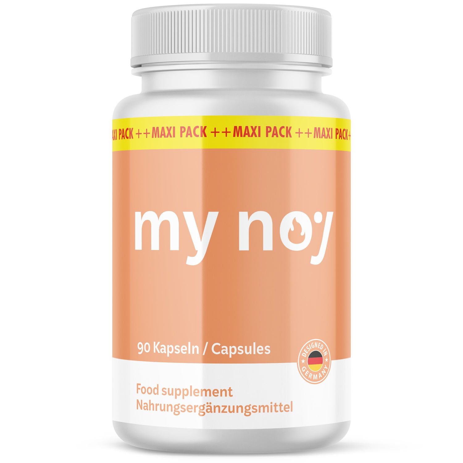 Weiße Flasche mit orangefarbenem Etikett. Aufschrift: my noj, 90 Kapseln. Zusatz: Food supplement, Nahrungsergänzungsmittel. Hergestellt in Deutschland.