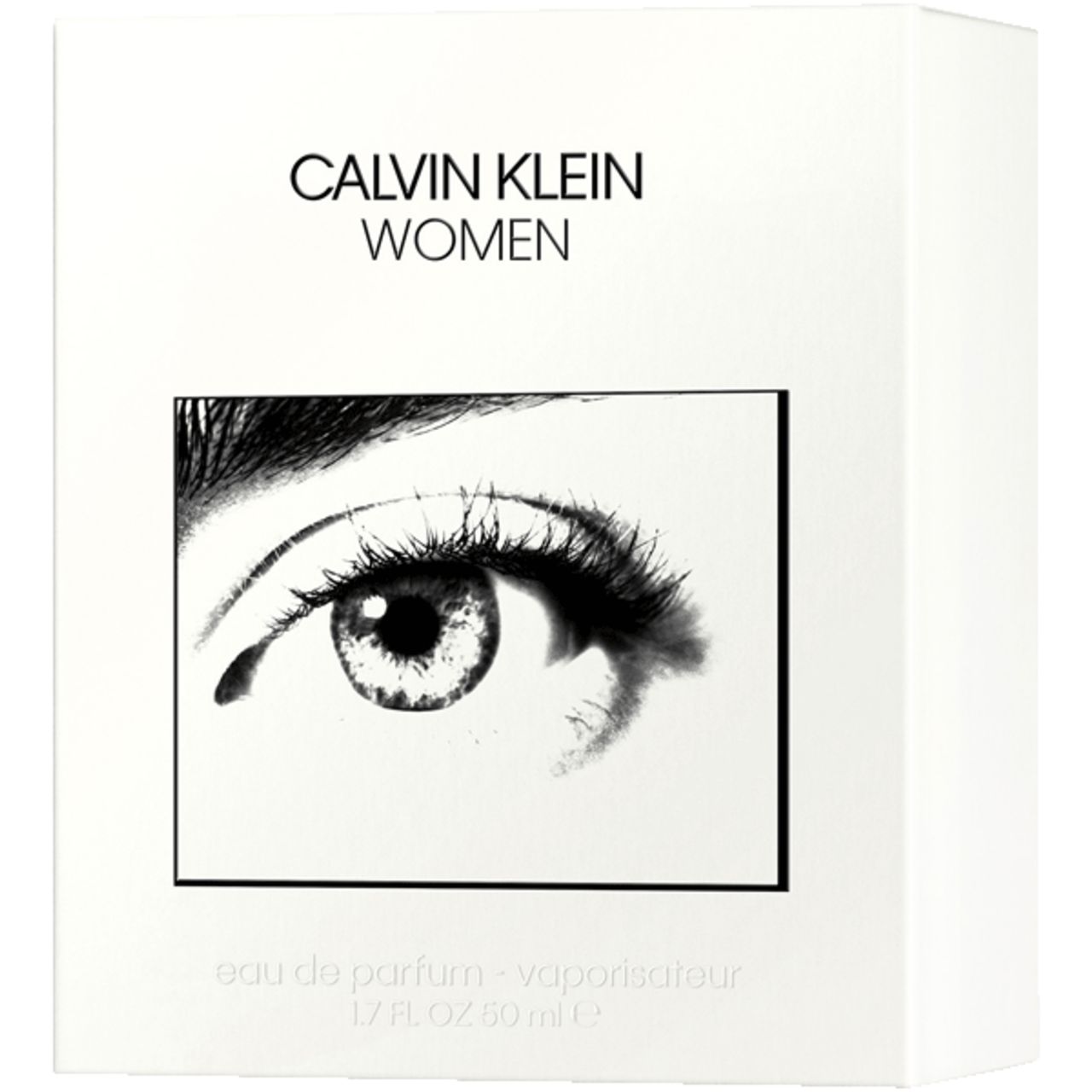 Weiße Verpackung Calvin Klein Women. Schwarzer Schriftzug. Augendesign. Eau de Parfum. 50 ml.