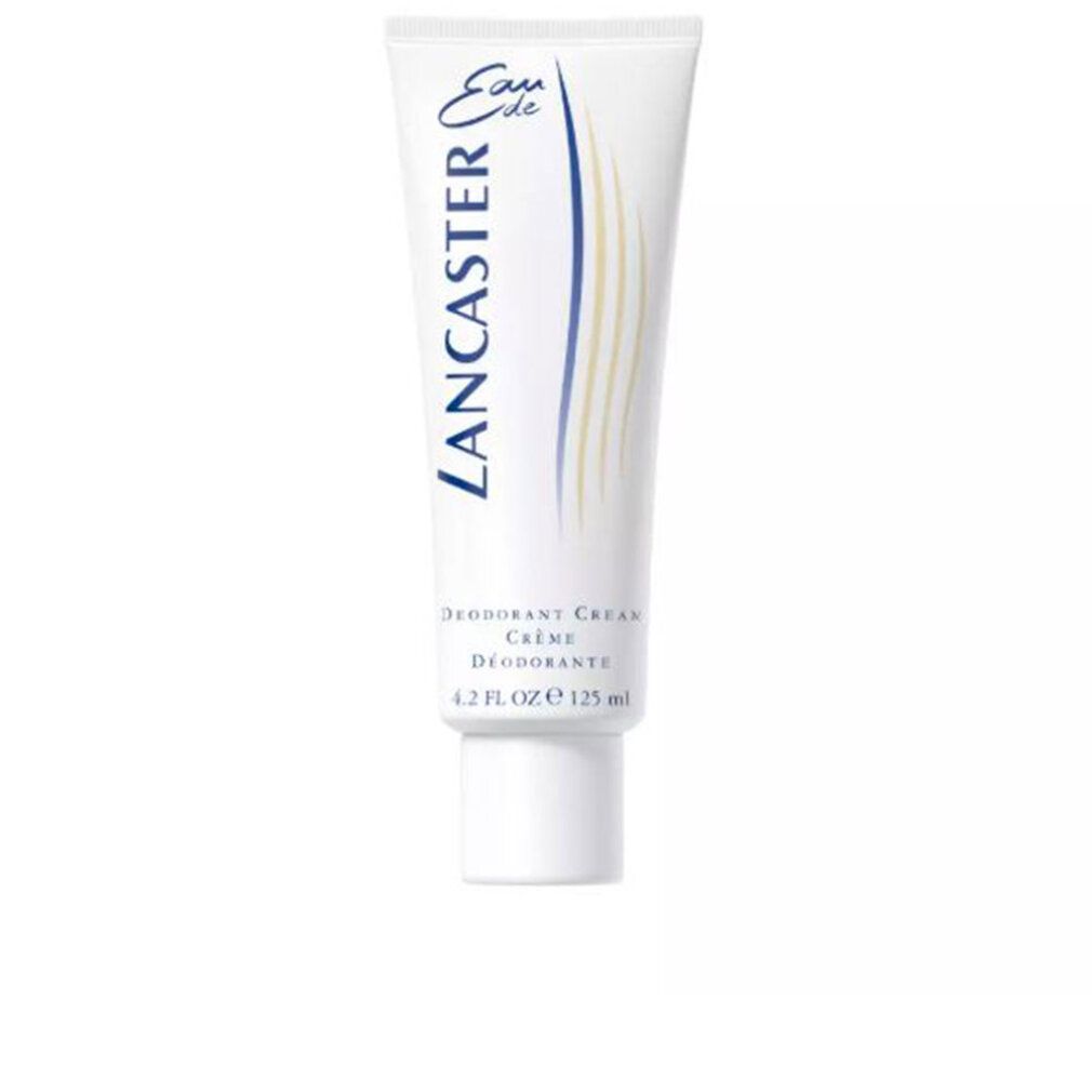 Weiße Tube mit blauer und gelber Grafik. Schriftzug: Lancaster, Deodorant Creme, 4.2 FL. OZ. 125 ml.