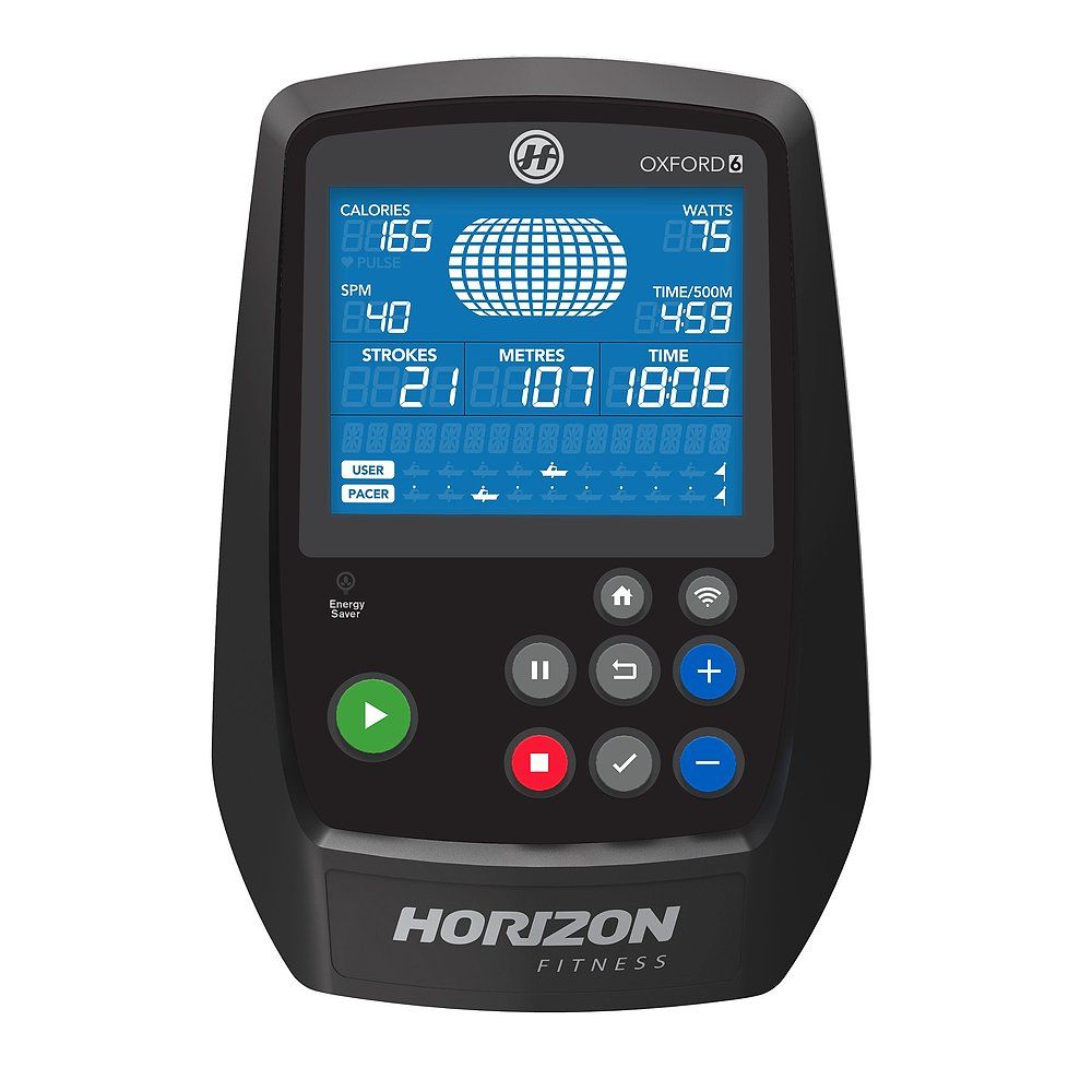 Schwarzes Bedienfeld mit Display. Zeigt Kalorien, Watt, SPM, Schläge, Meter und Zeit an. Horizon Fitness Logo unten.