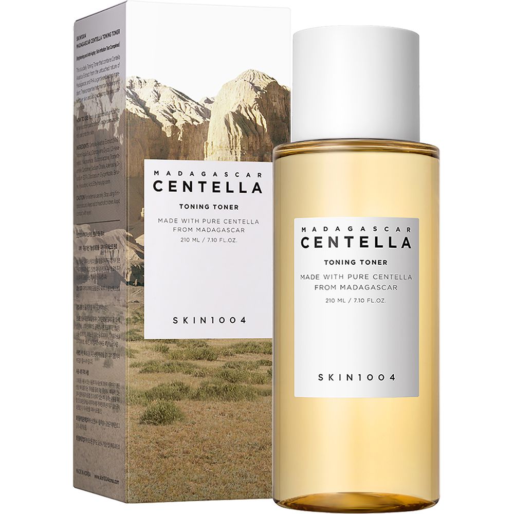 Toner-Flasche mit Verpackung. Verpackung mit Produktnamen, Marke und Landschaftsmotiv.