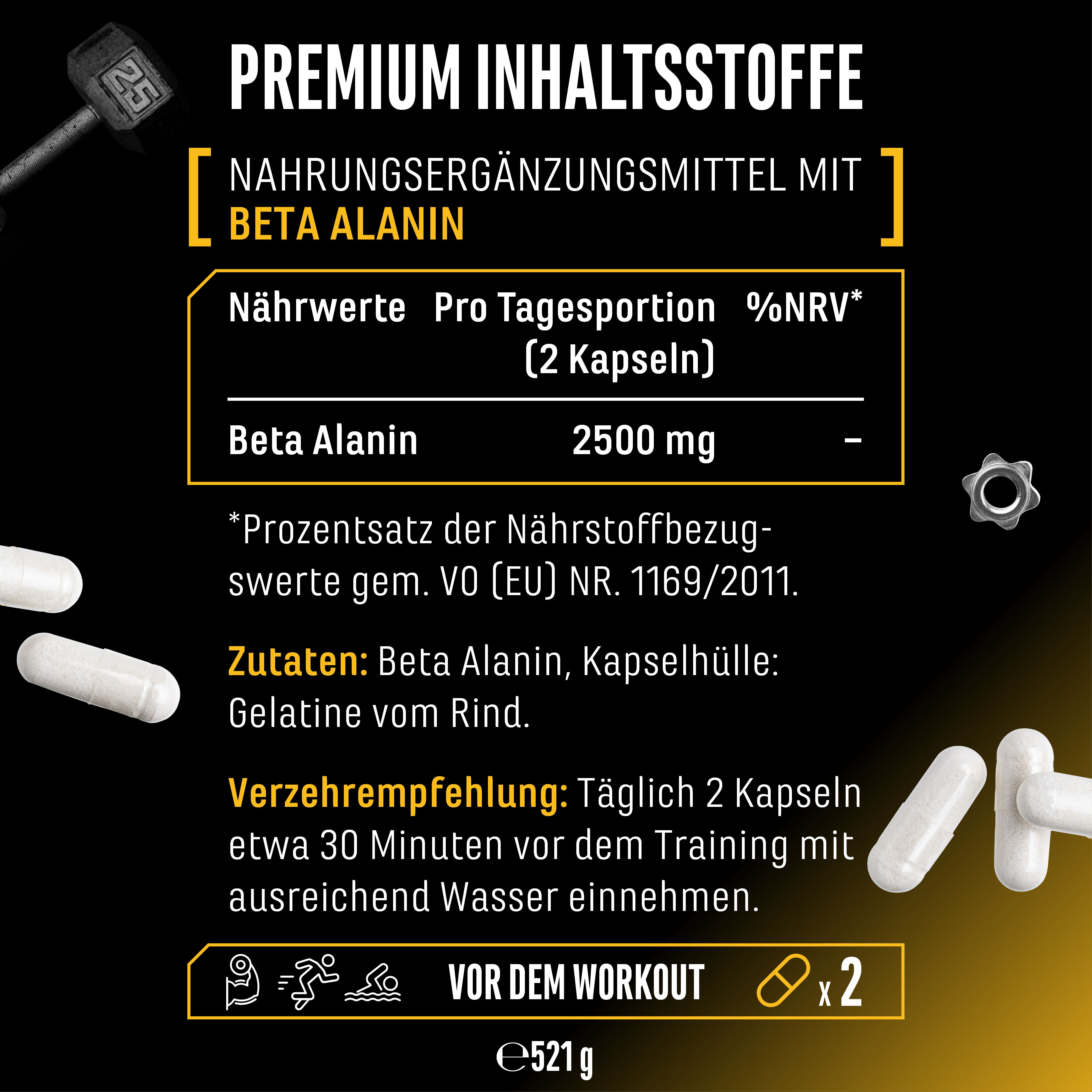 Nährwertangaben für Beta Alanin. Pro Tagesportion (2 Kapseln): 2500 mg. Zutaten: Beta Alanin, Kapselhülle: Gelatine vom Rind.