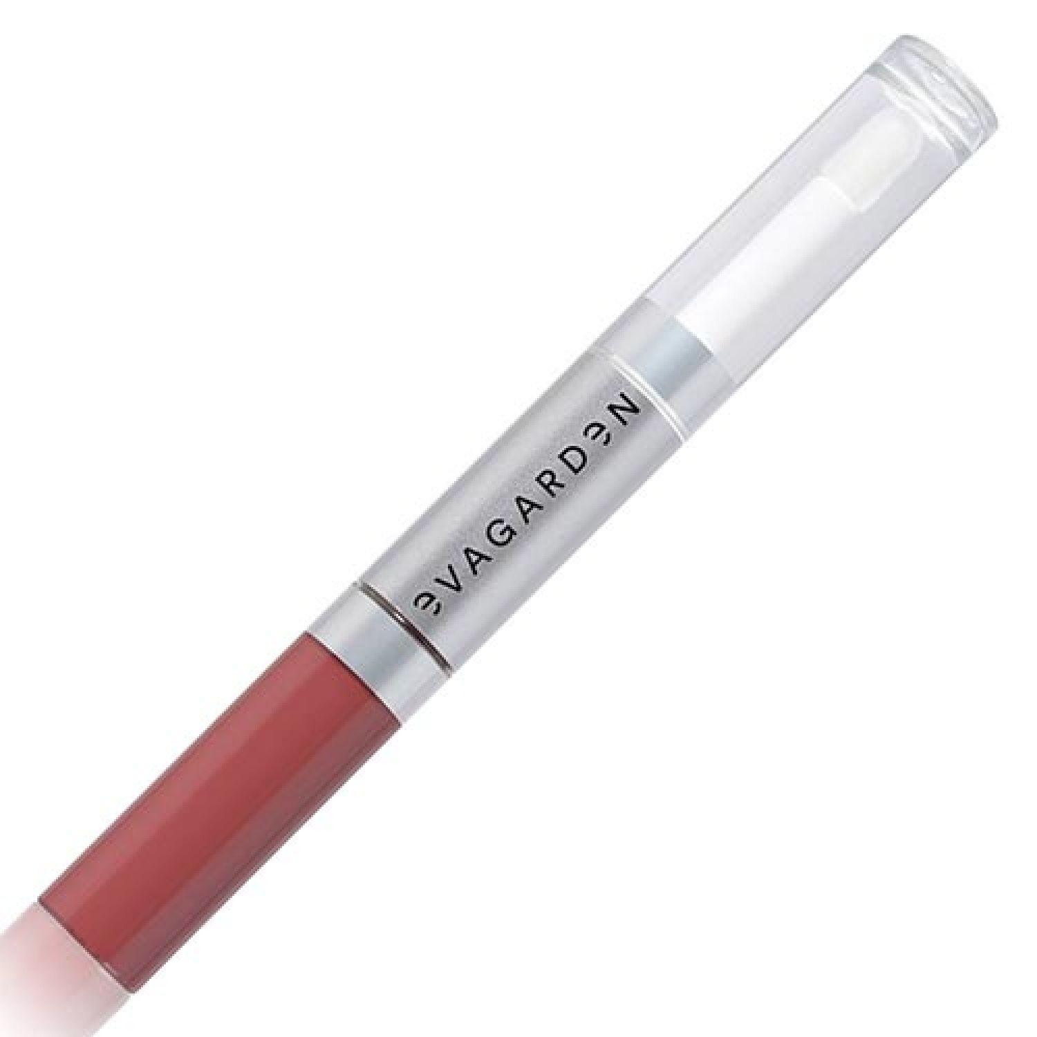 Lippenstift mit transparentem Deckel. Silberfarbener Mittelteil mit Schriftzug. Rötlich-braune Farbe.