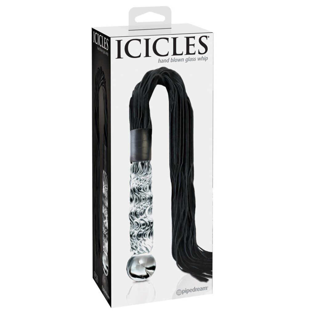 Verpackung mit Glasdildo und schwarzem Riemen. Marke: Icicles. Text: hand blown glass whip. Schwarzer Hintergrund.