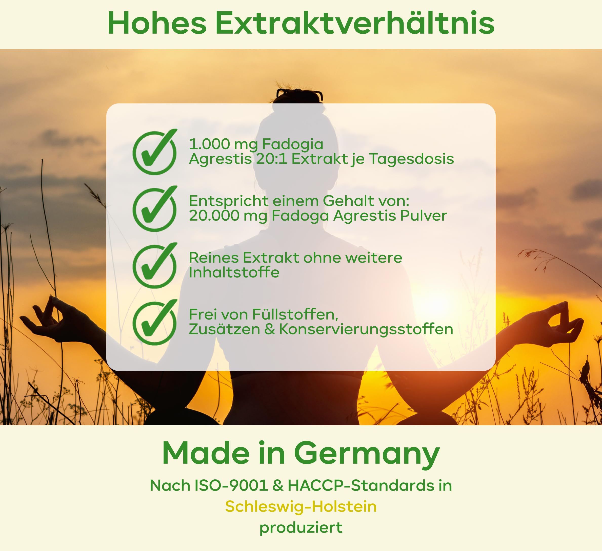 Text mit Informationen zu Fadogia Agrestis Extrakt. Enthält Angaben zu Inhaltsstoffen und Herkunft. Hergestellt in Deutschland.