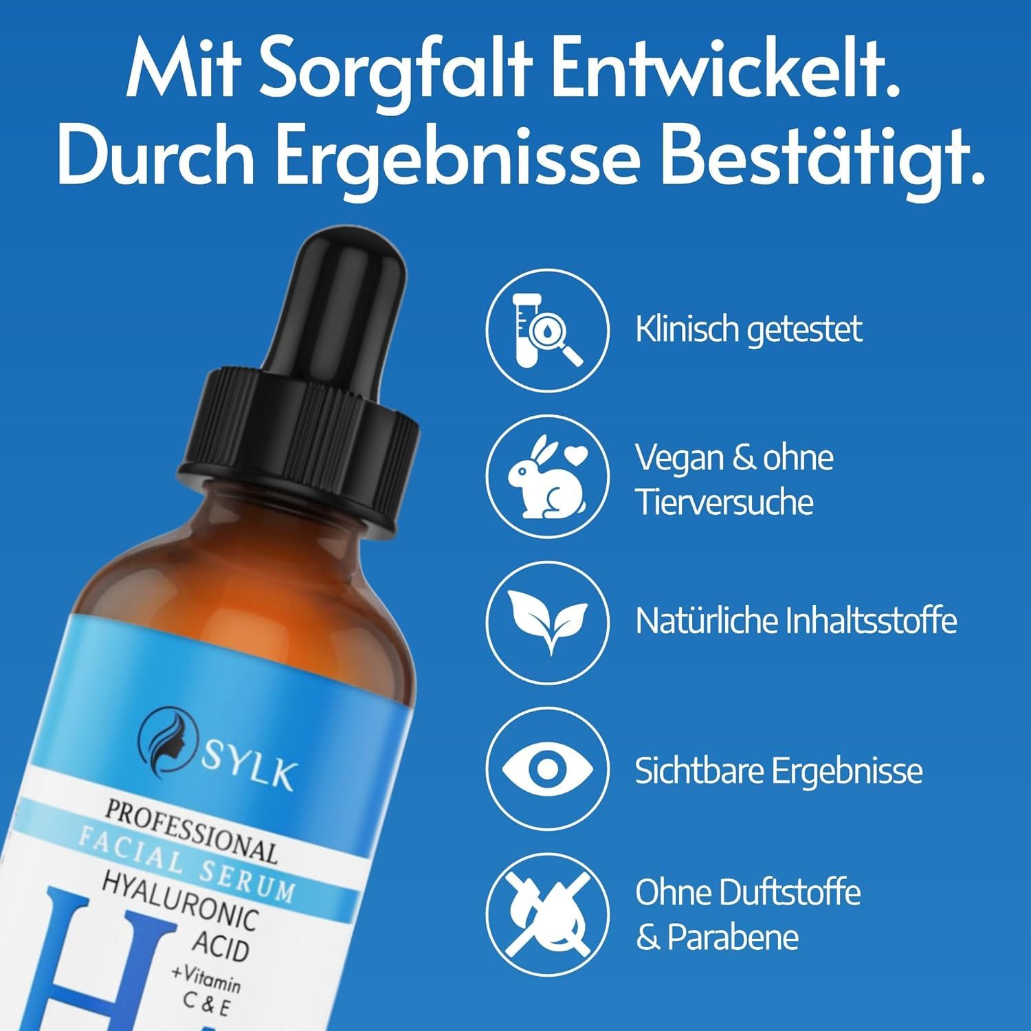 Serumflasche mit Pipette. Text: Mit Sorgfalt entwickelt. Durch Ergebnisse bestätigt. Icons: klinisch getestet, vegan, natürliche Inhaltsstoffe, sichtbare Ergebnisse.