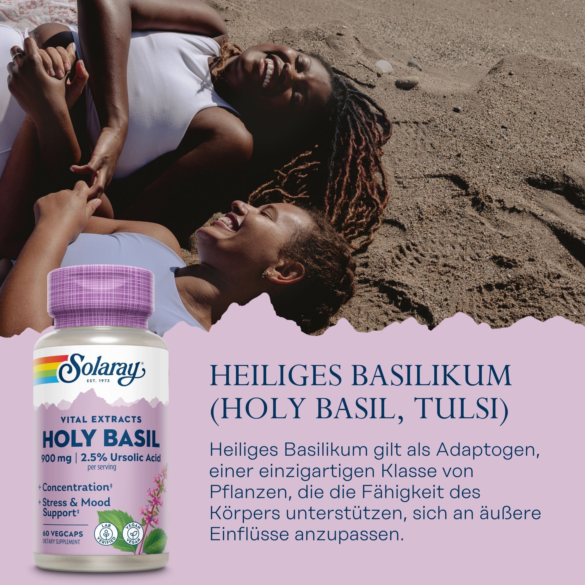 Solaray Holy Basil-Kapseln. Lila Deckel, weißes Etikett. Text: Vital Extracts, Holy Basil, 100 mg, 2,5% Ursolsäure. 60 Vegcaps.
