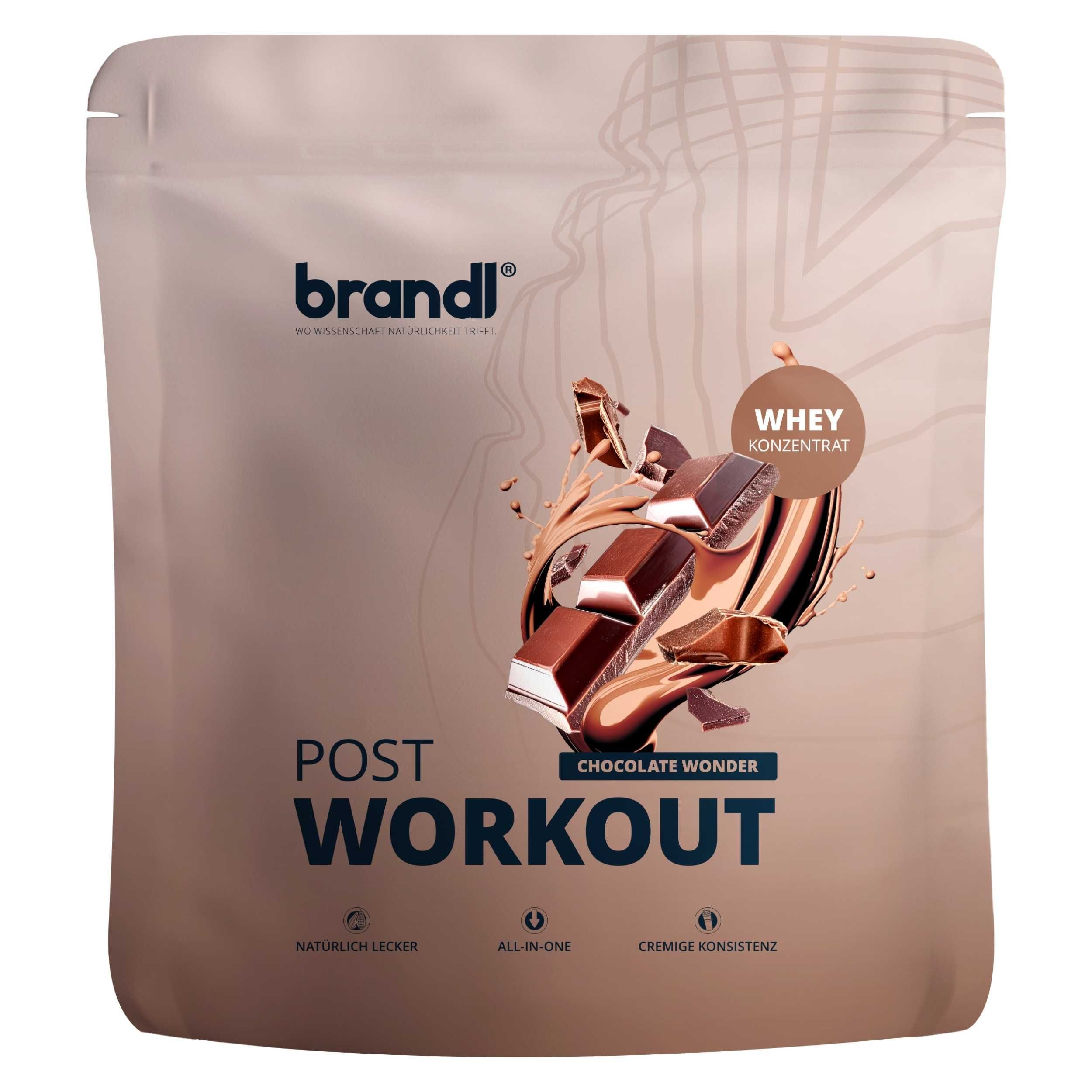 Beige Beutel mit brandl®-Logo und „Post Workout“-Schriftzug. Abbildung von Schokolade und „Whey Konzentrat“.