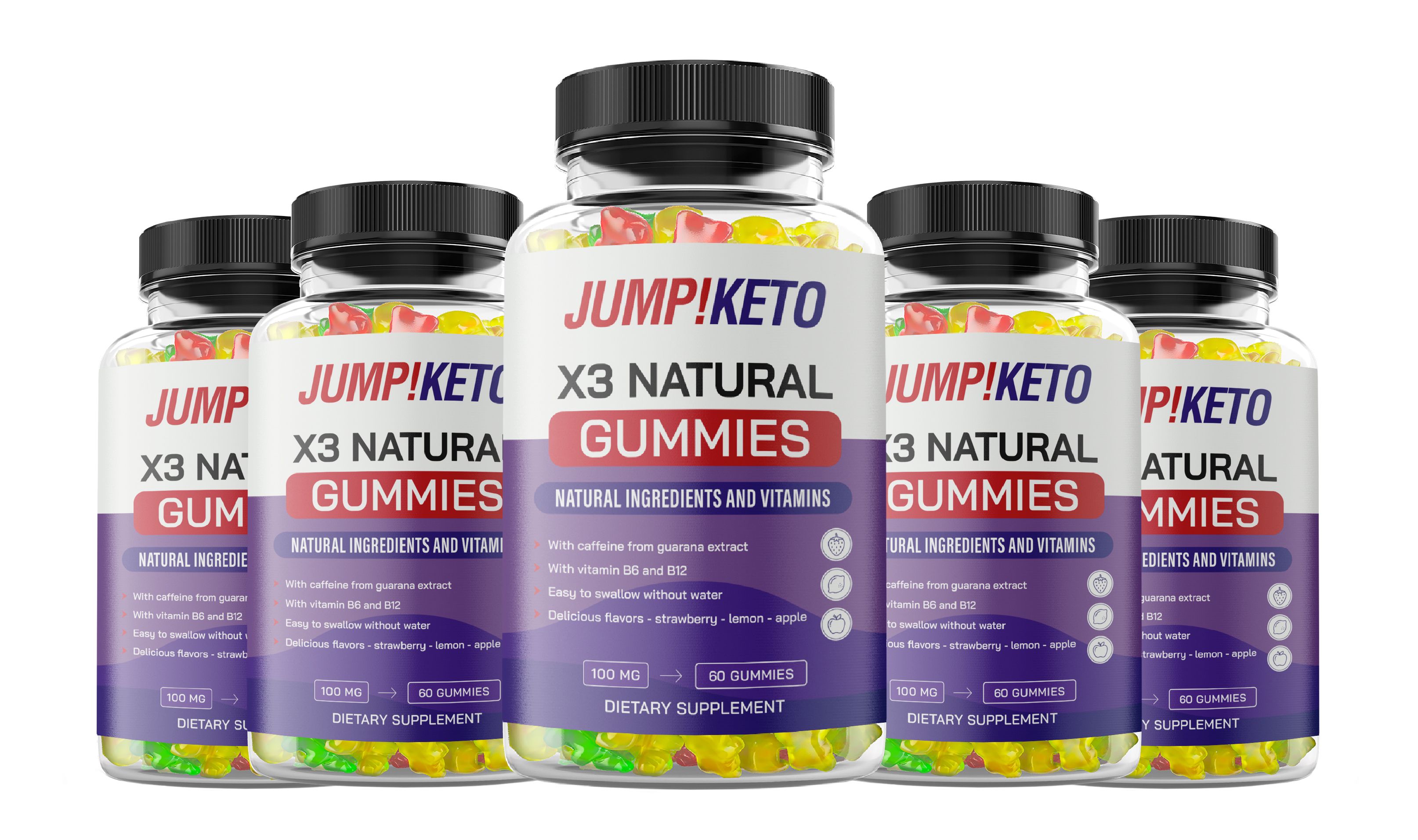 Fünf Flaschen Jump!Keto X3 Natural Gummies, 60 Stück pro Flasche, mit natürlichen Inhaltsstoffen und Vitaminen.
