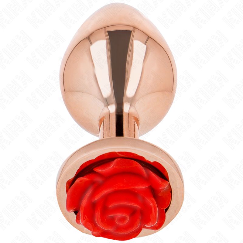 Analplug mit roter Rose. Metallfarbenes Design. Rose am Boden. Draufsicht auf den Plug.