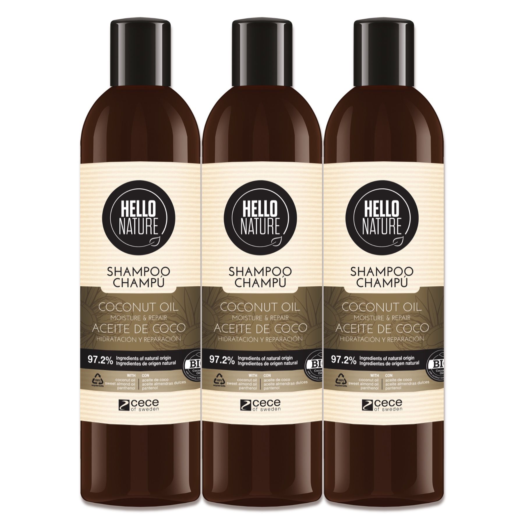 Drei braune Shampoo-Flaschen mit Hello Nature-Logo. Aufschrift: Shampoo Champu, Coconut Oil, Aceite de Coco. Bio-Zertifizierung.