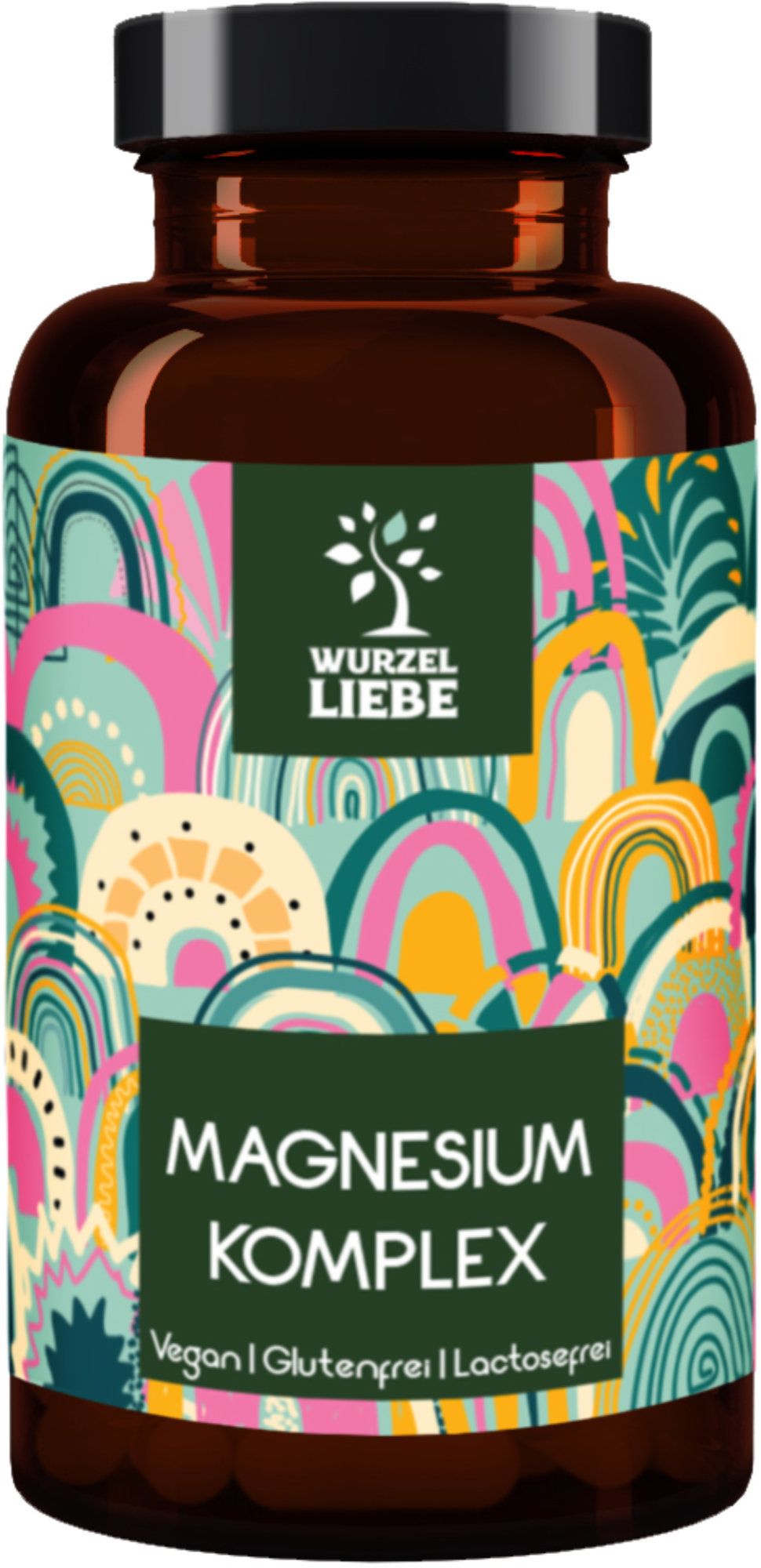 Braune Flasche mit schwarzem Deckel. Etikett mit "WURZEL LIEBE" und "Magnesium Komplex". Vegan, glutenfrei, laktosefrei.
