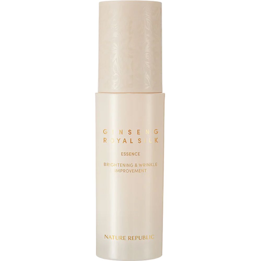 Beige Flasche mit Schriftzug GINSENG ROYAL SILK ESSENCE. Untertitel: Brightening & Wrinkle Improvement. Marke: NATURE REPUBLIC.
