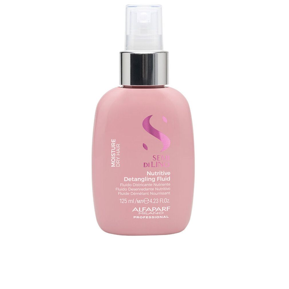 Rosa Flasche mit Zerstäuber. Aufschrift: Semi di Lino, Detangling Fluid, 125 ml. Marke: Alfaparf Milano.
