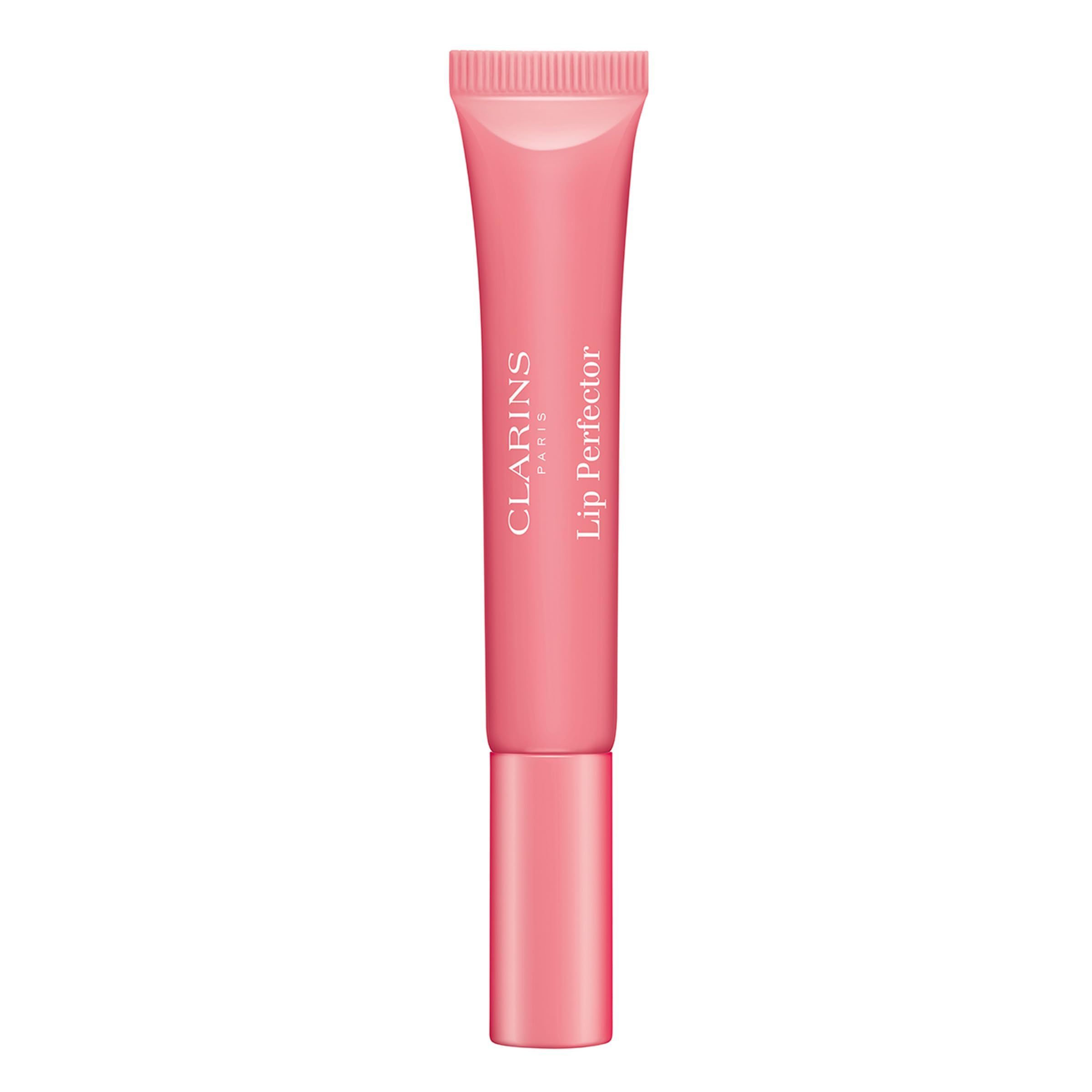 Rosa Tube mit Schriftzug Clarins Lip Perfector. Rosa Verschlusskappe. Produktname und Marke deutlich sichtbar.
