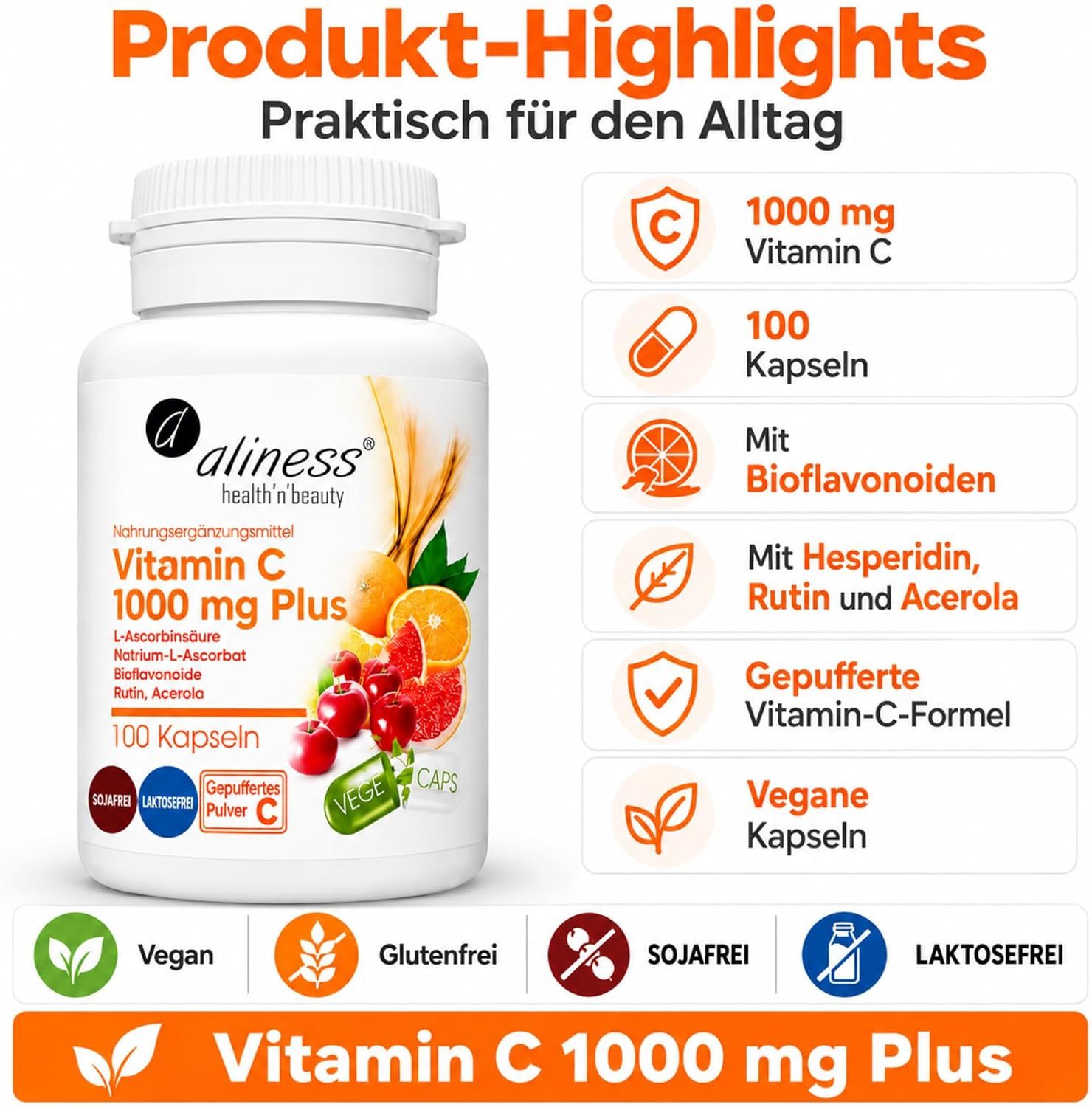 Flasche mit Vitamin C 1000 mg Plus, 100 Kapseln.
