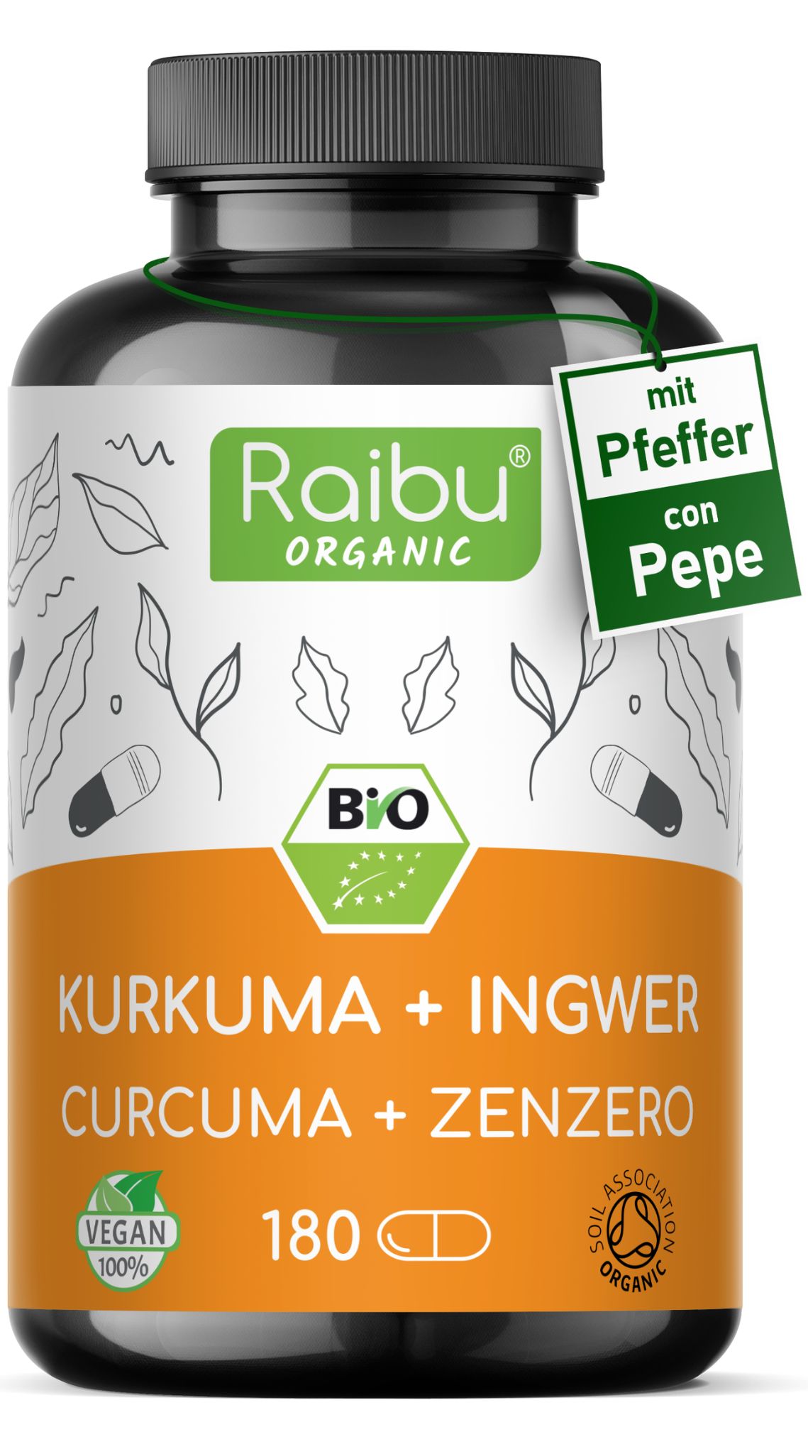 Raibu Bio Kurkuma Kapseln mit Ingwer und Pfeffer, 180 Kapseln.