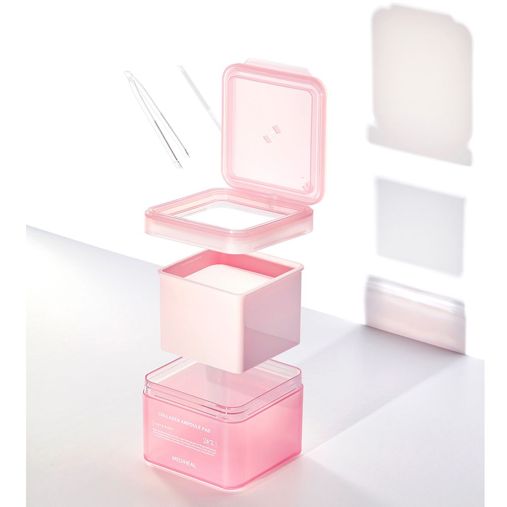 Zerlegte rosa Dose mit Pads und Pinzette. MEDIHEAL Collagen Ampoule Pad. Produktkomponenten.