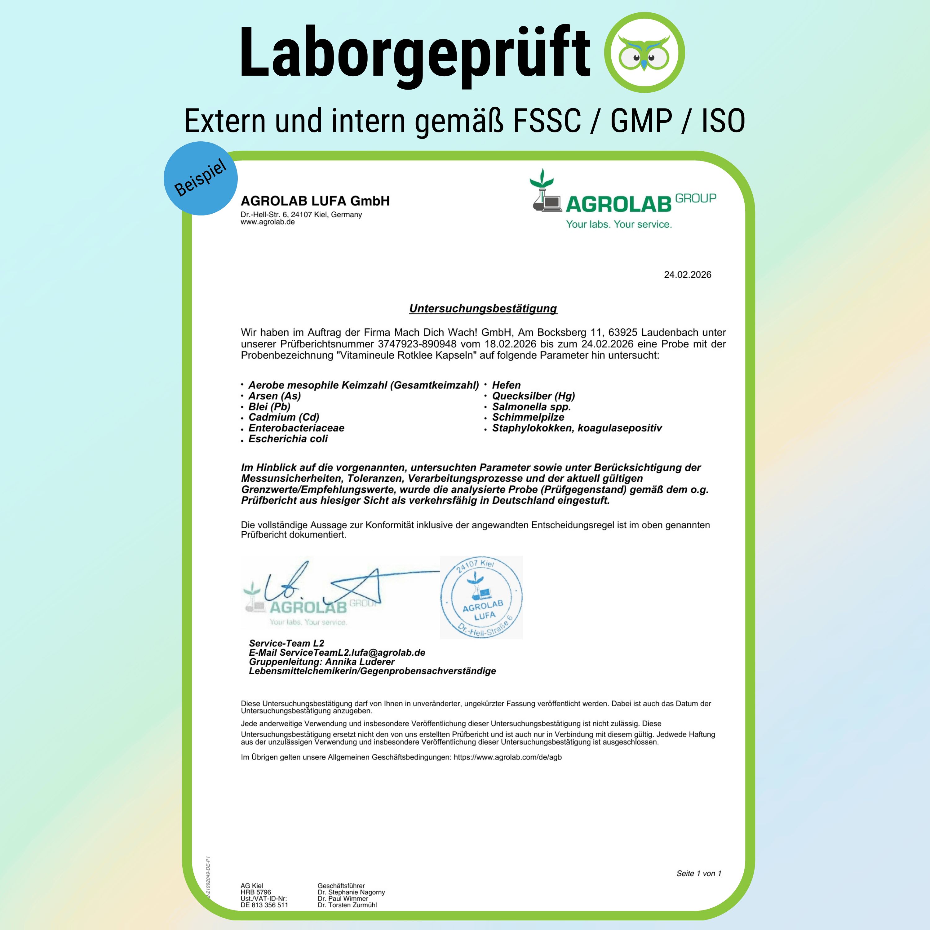 Laborbericht: Agrolab LUFA GmbH. Analyse von Vitamineule Rotklee Kapseln. Ergebnisse: Schwermetalle, Keimzahl, Mykotoxine, Pestizide. Unterschrift und Stempel.