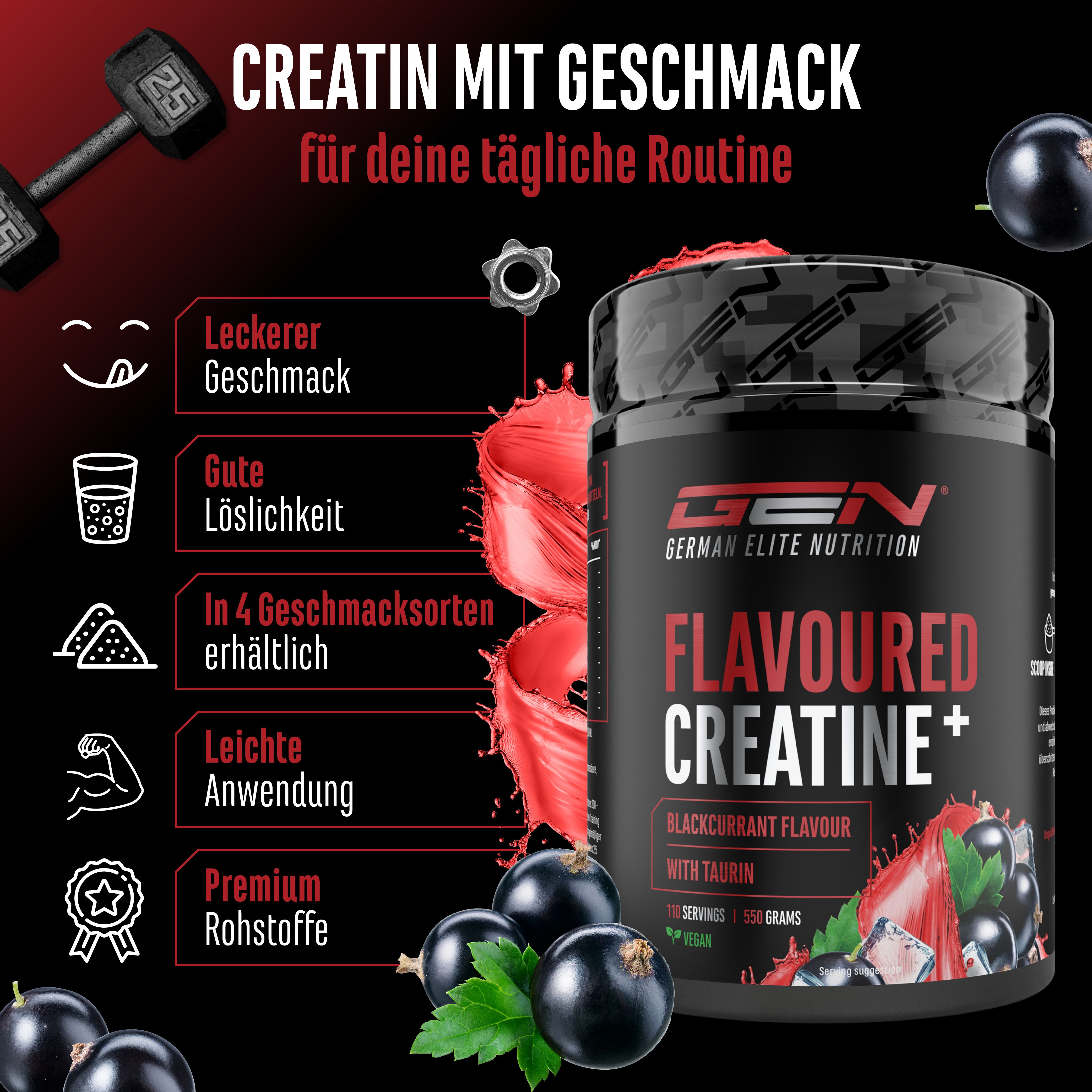 GEN Flavoured Creatine+ Dose, schwarze Johannisbeere. In 4 Geschmacksorten erhältlich. Premium Rohstoffe. Gute Löslichkeit.