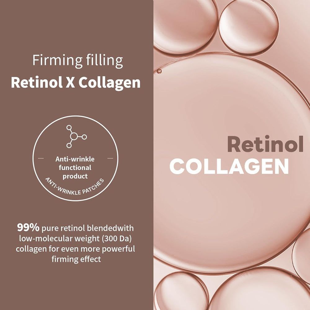 Text mit "Retinol X Collagen" und "Anti-Wrinkle Patches". Abbildung von Flüssigkeitstropfen.