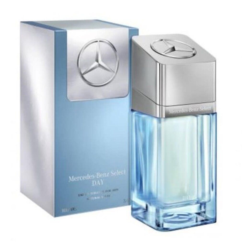 Hellblaues Eau de Toilette mit silbernem Deckel und hellblauer Verpackung. Auf der Verpackung steht Mercedes-Benz Select Day.