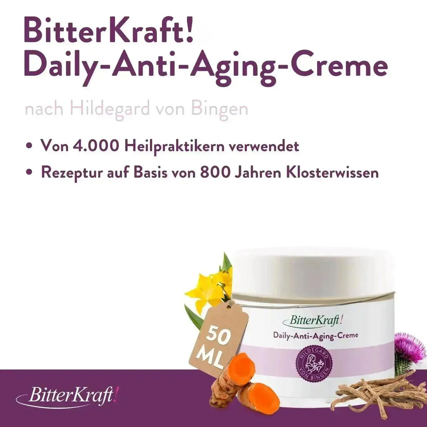 Creme-Tiegel mit Produktnamen und Zusatzinformationen. 50 ml-Etikett, Kurkuma, Wurzeln und Blüten.
