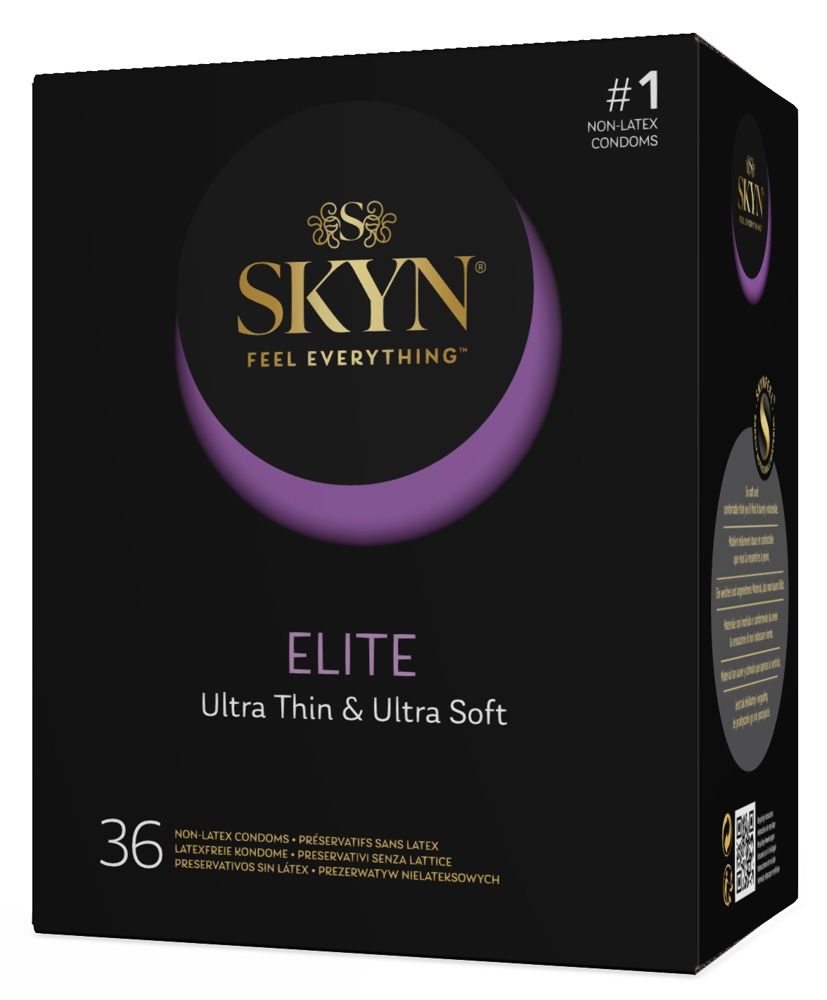 Schwarze Verpackung SKYN Elite. Text: Ultra Thin & Ultra Soft. 36 Kondome. Logo: SKYN, #1 Non-Latex Kondome.