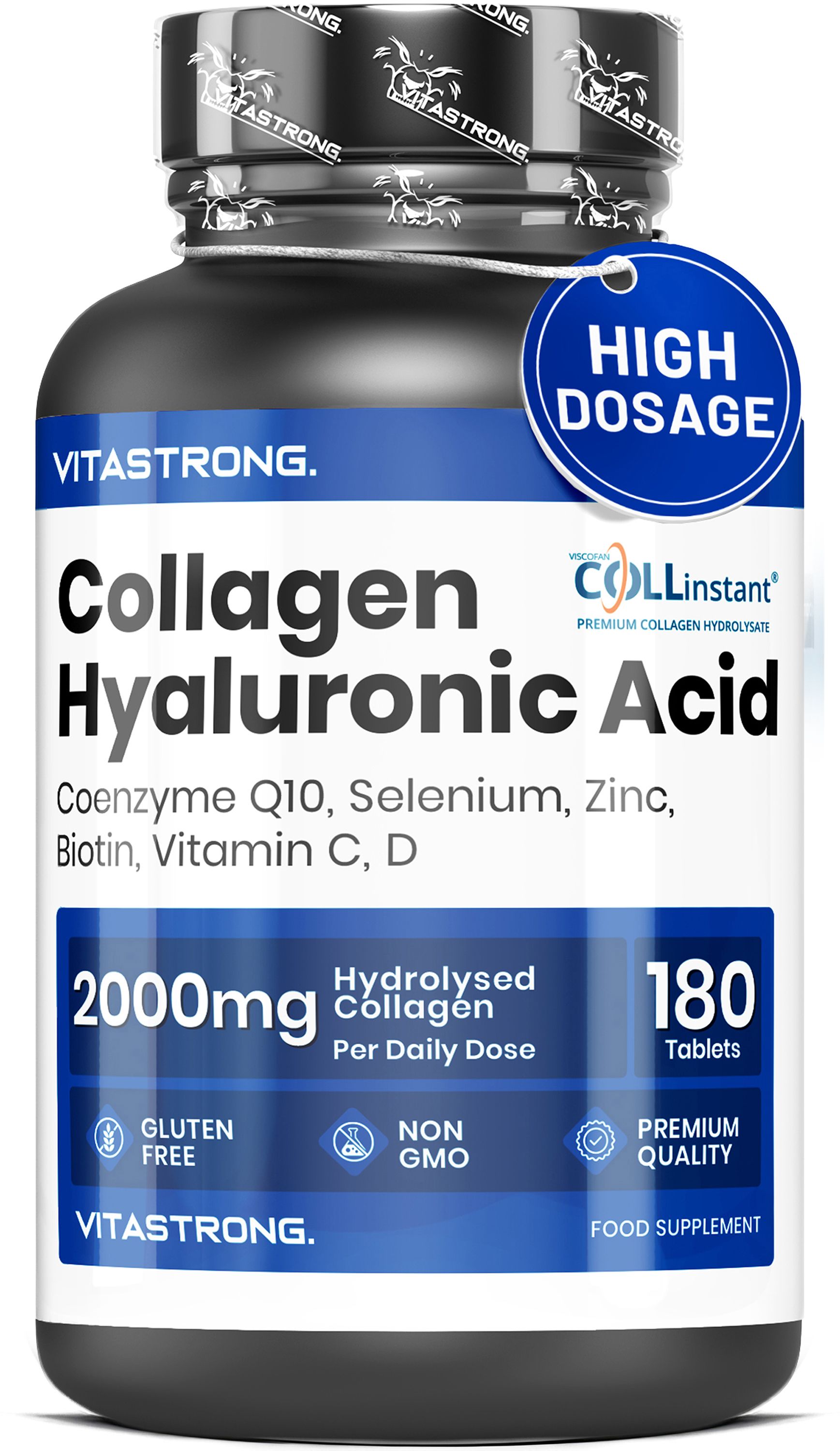 Vitastrong Kollagen Hyaluronsäure, 180 Tabletten. Schwarze Flasche mit blauem Etikett. Hohe Dosierung.