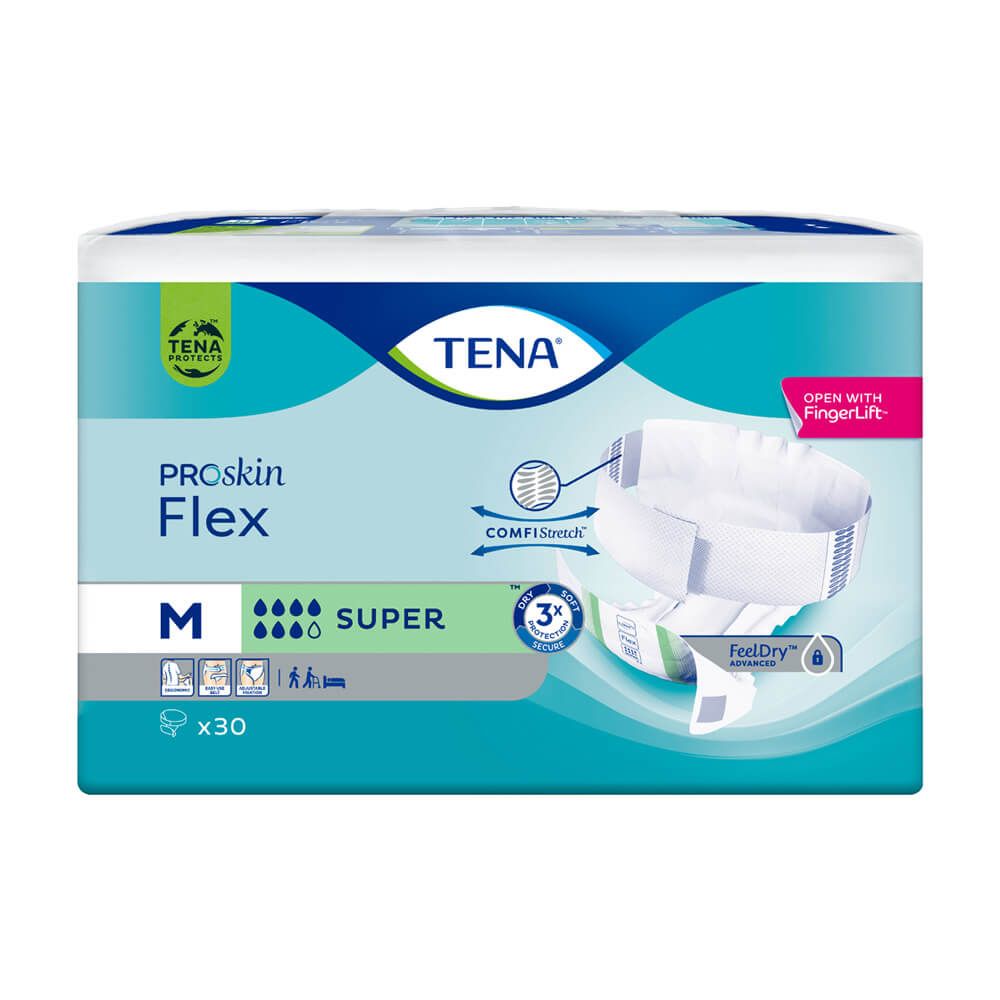 Verpackung TENA ProSkin Flex Super M. Blaue Verpackung mit Produktabbildung. Text: TENA, ProSkin Flex, Super, M, x30.